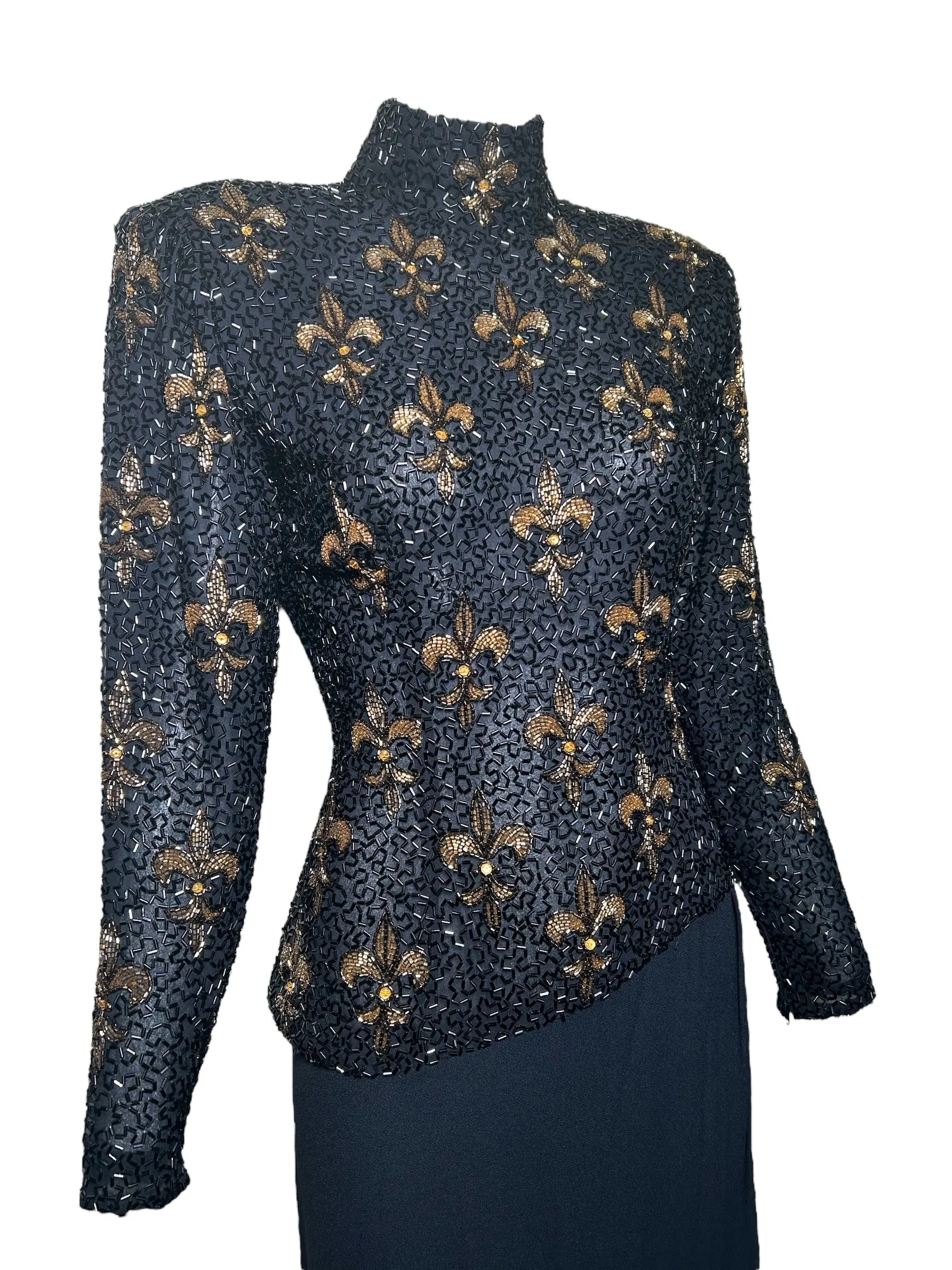 Bob Mackie 1990s Fleur de Lys Beaded Long Sleeve Cocktail Gown