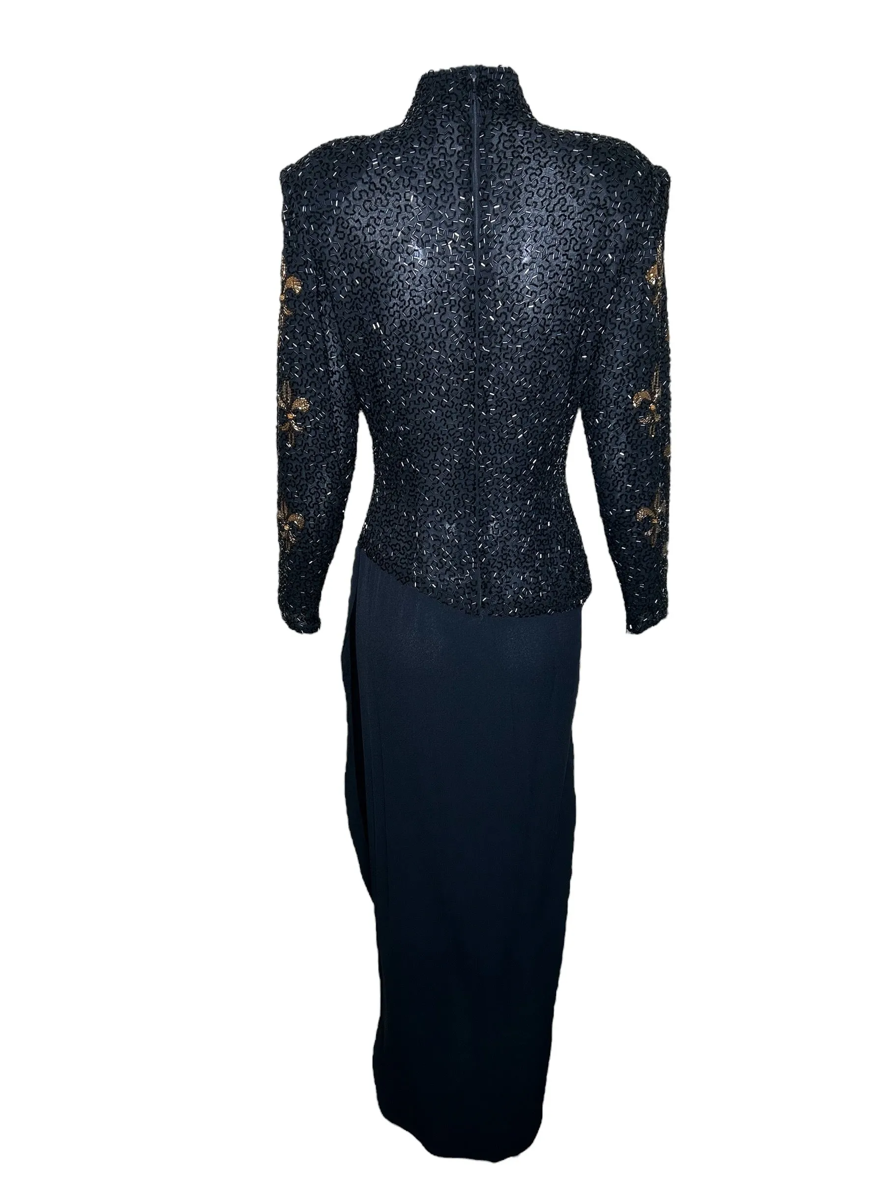 Bob Mackie 1990s Fleur de Lys Beaded Long Sleeve Cocktail Gown