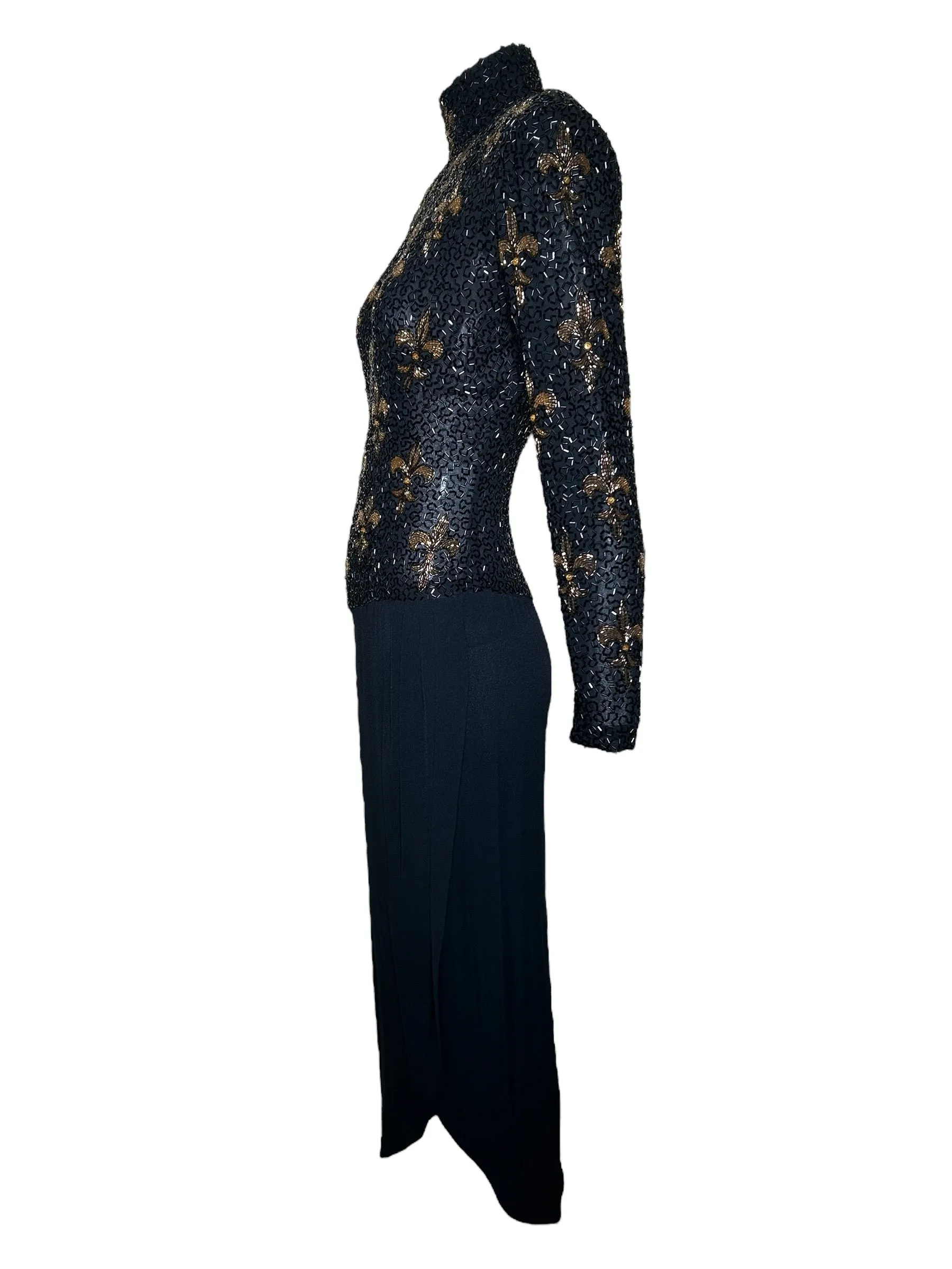 Bob Mackie 1990s Fleur de Lys Beaded Long Sleeve Cocktail Gown