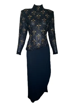 Bob Mackie 1990s Fleur de Lys Beaded Long Sleeve Cocktail Gown