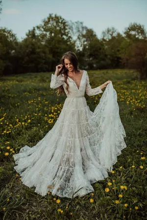 Bohemian Lace A-line V-neck Long Sleeves Wedding Dresses, Bridal Dress, MW608