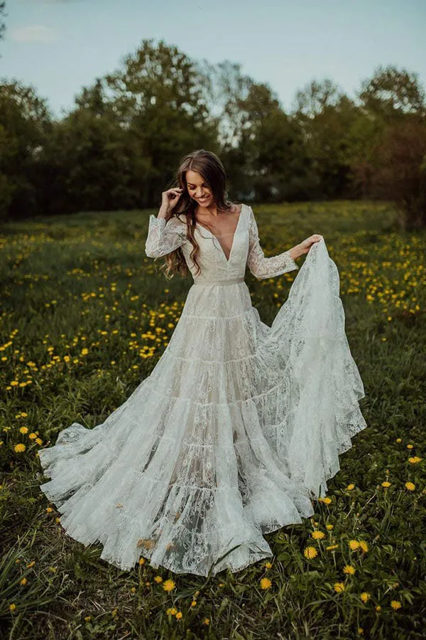 Bohemian Lace A-line V-neck Long Sleeves Wedding Dresses, Bridal Dress, MW608