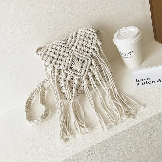 Bohemian Tassel Shoulder Bags Boho fabric Crochet Cotton Fringed Bolsa Femininas Women Handbag Brown Tassel Bohemian Tas canta