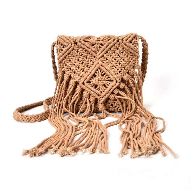 Bohemian Tassel Shoulder Bags Boho fabric Crochet Cotton Fringed Bolsa Femininas Women Handbag Brown Tassel Bohemian Tas canta