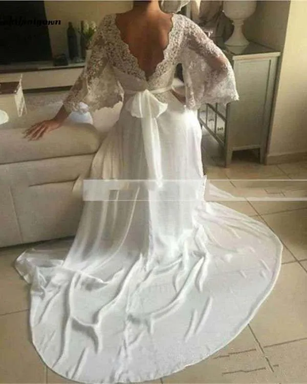 Bohemian Wedding Dress Illusion Lace Backless Long Sleeve Deep V Neck Boho Chiffon Beach Bridal Dress