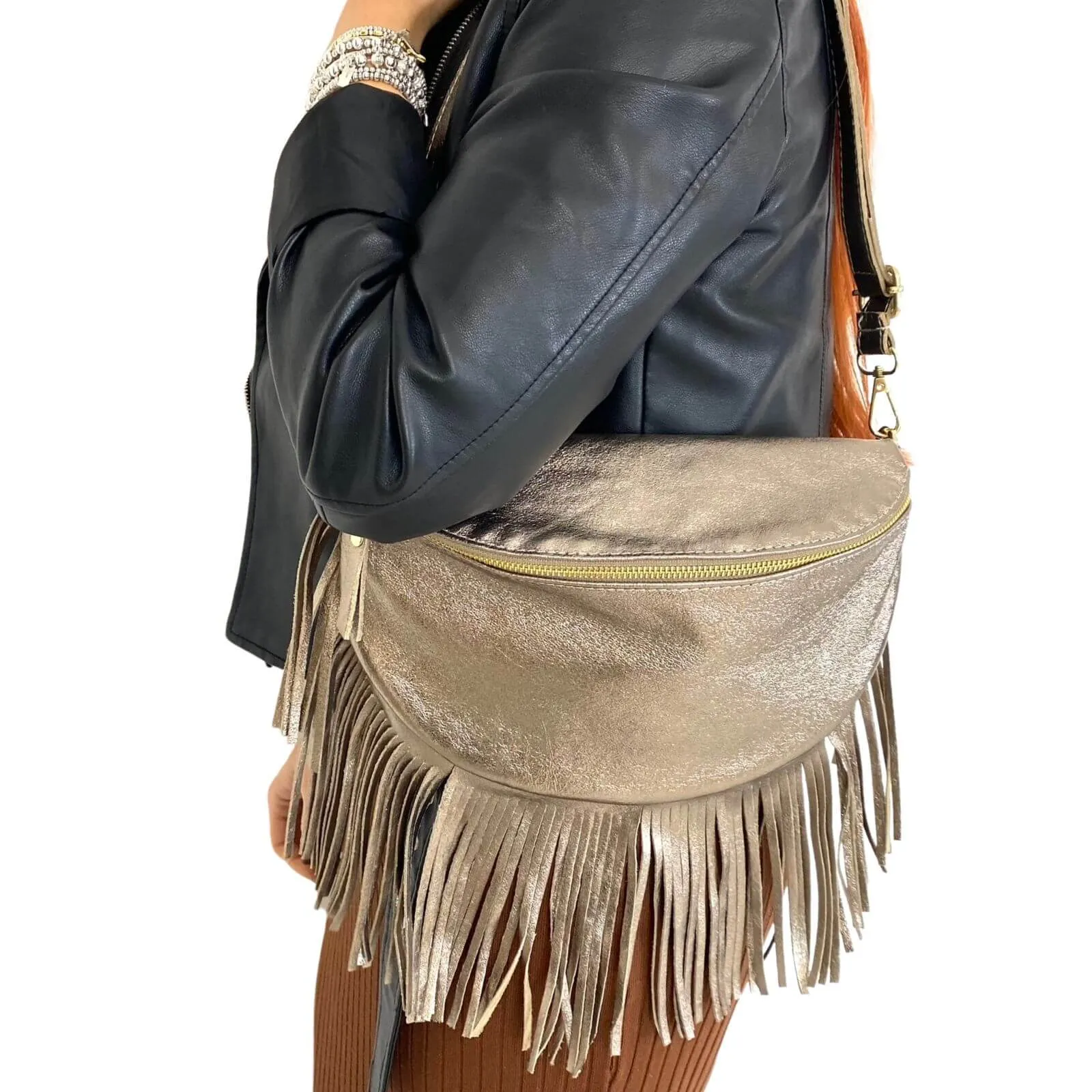 Bronze Leather Fringed Crossbody Bag