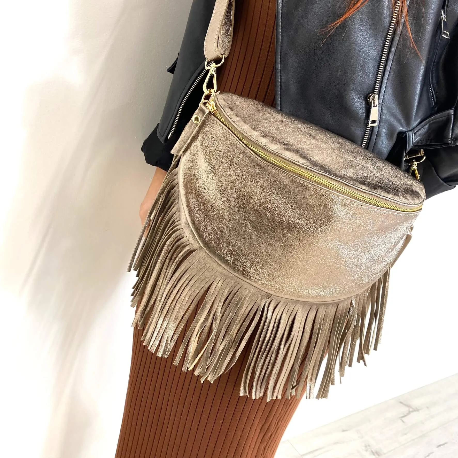 Bronze Leather Fringed Crossbody Bag