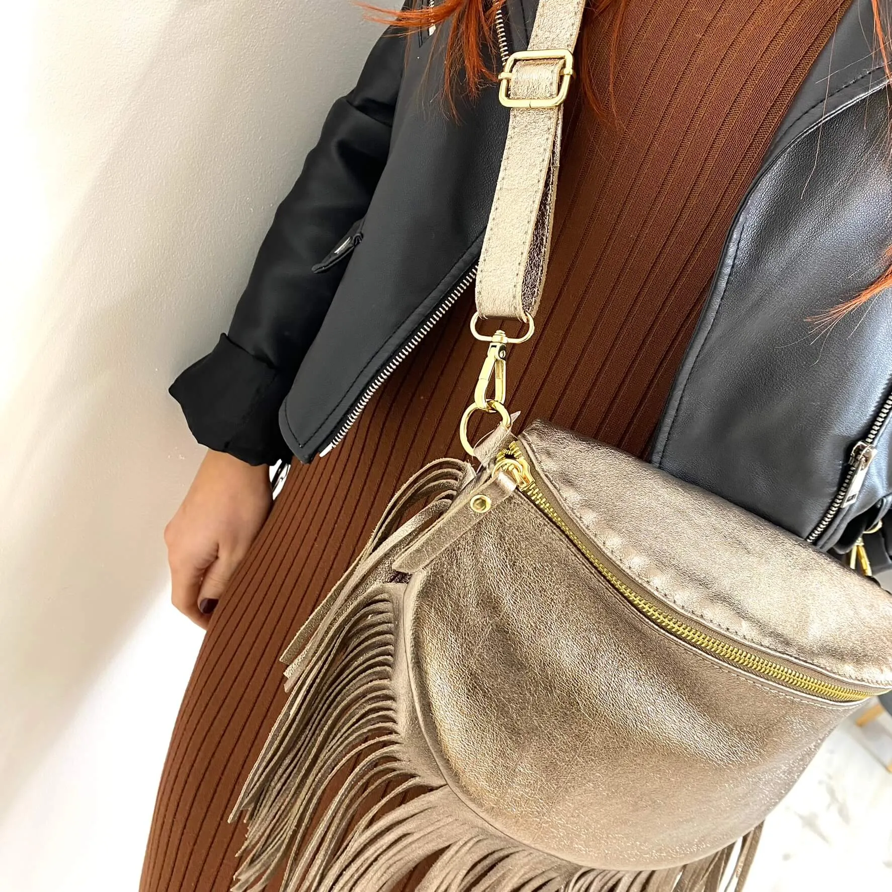 Bronze Leather Fringed Crossbody Bag