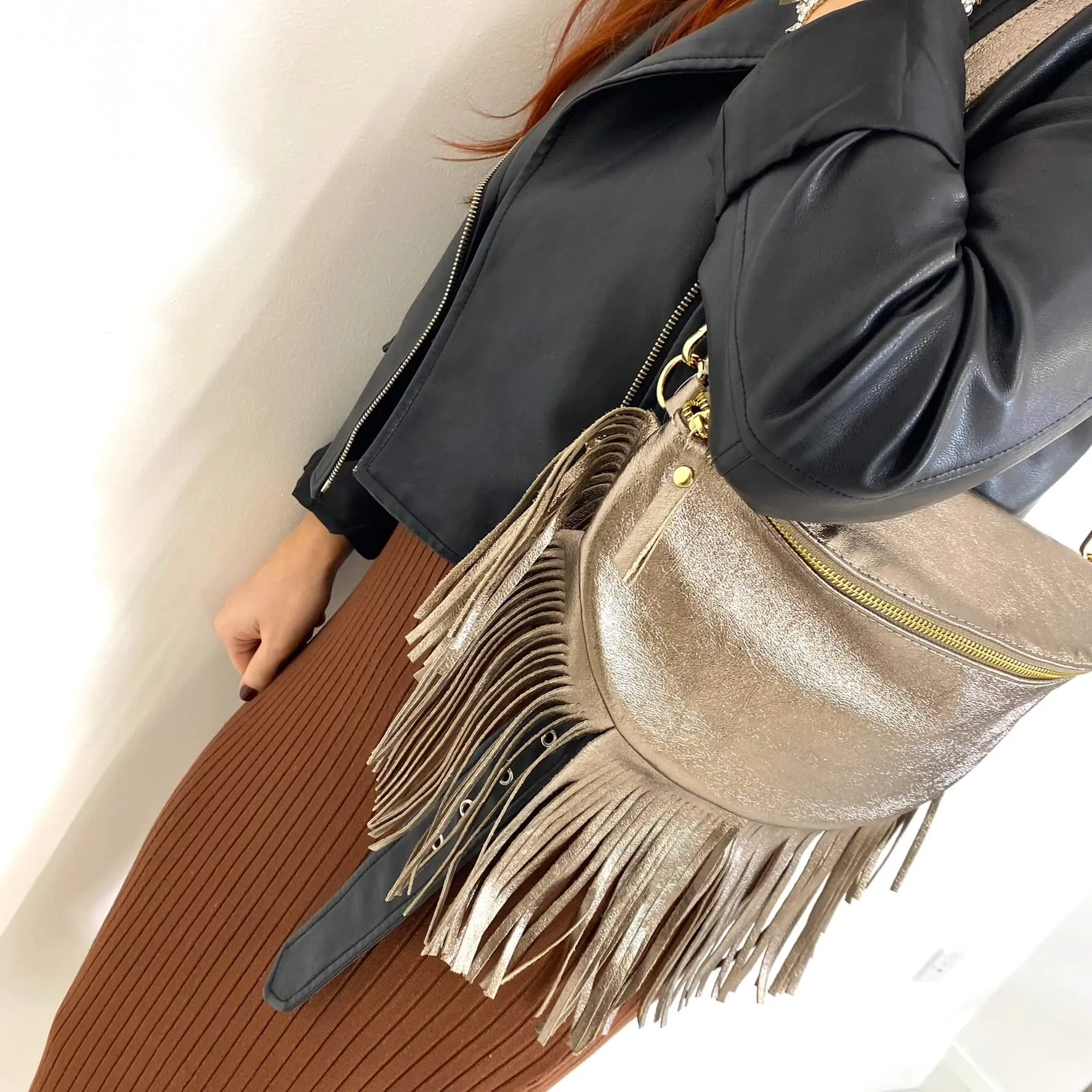 Bronze Leather Fringed Crossbody Bag
