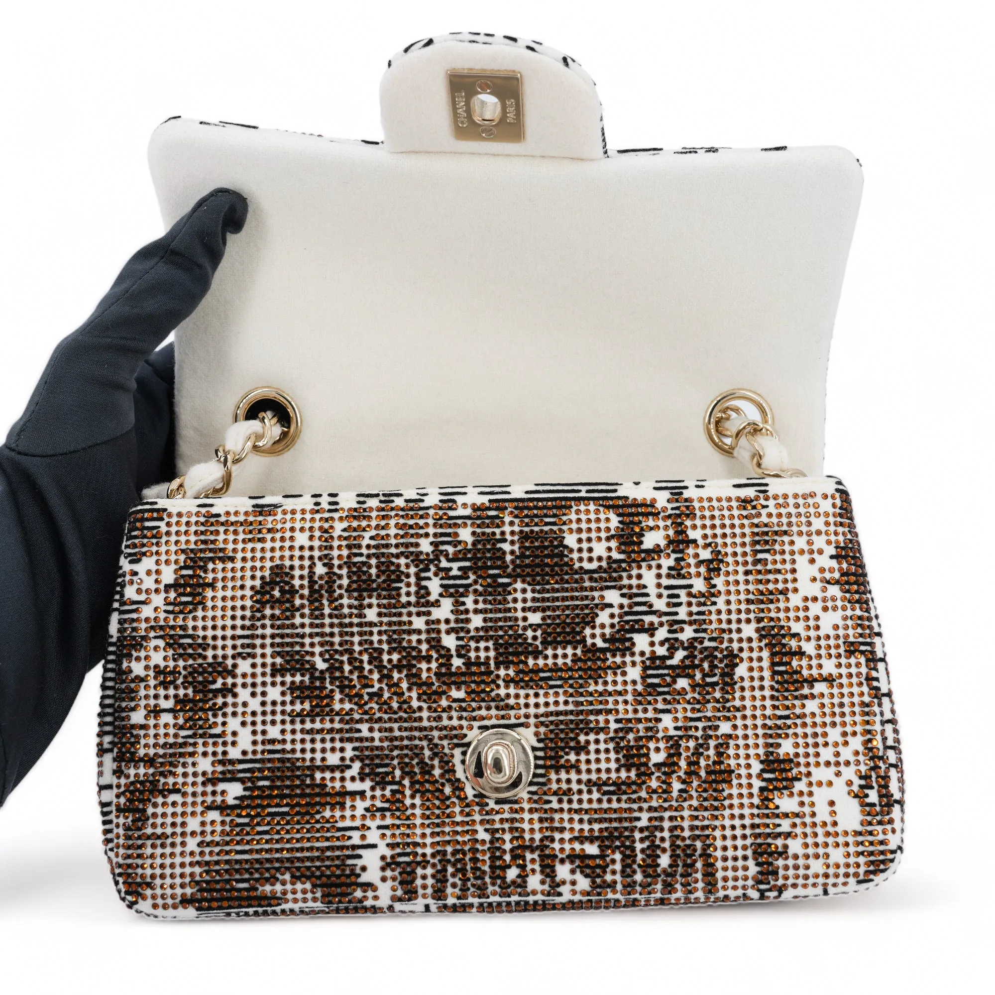 Bronze Swarovski Strass Tiger Print Mini Rectangular Flap Bag