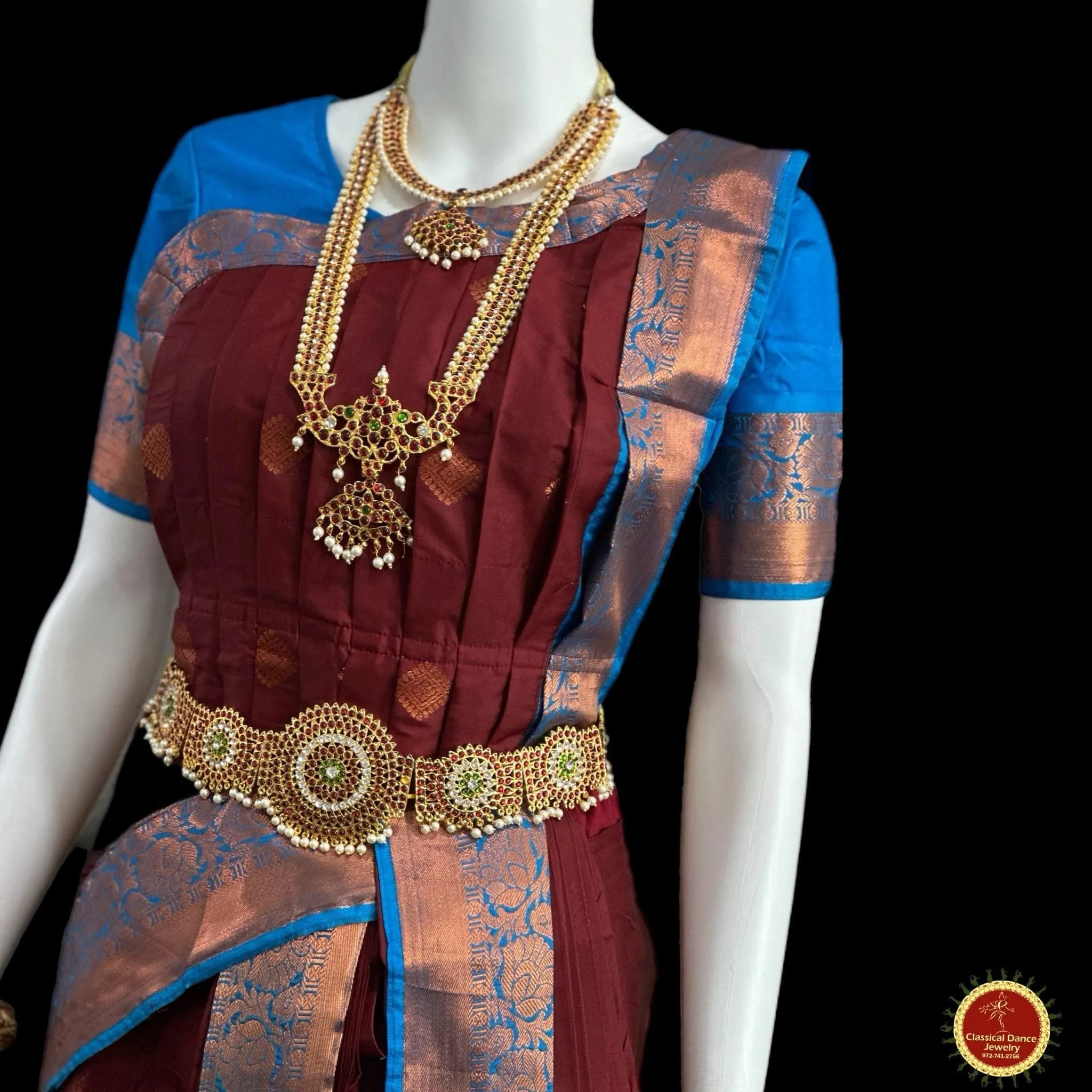 BROWN BLUE 38 Inch Pant length Kuchipudi Copper Zari Indian Dance Costume | Art Silk Dharmavaram Kanchi | Classical Dance Jewelry