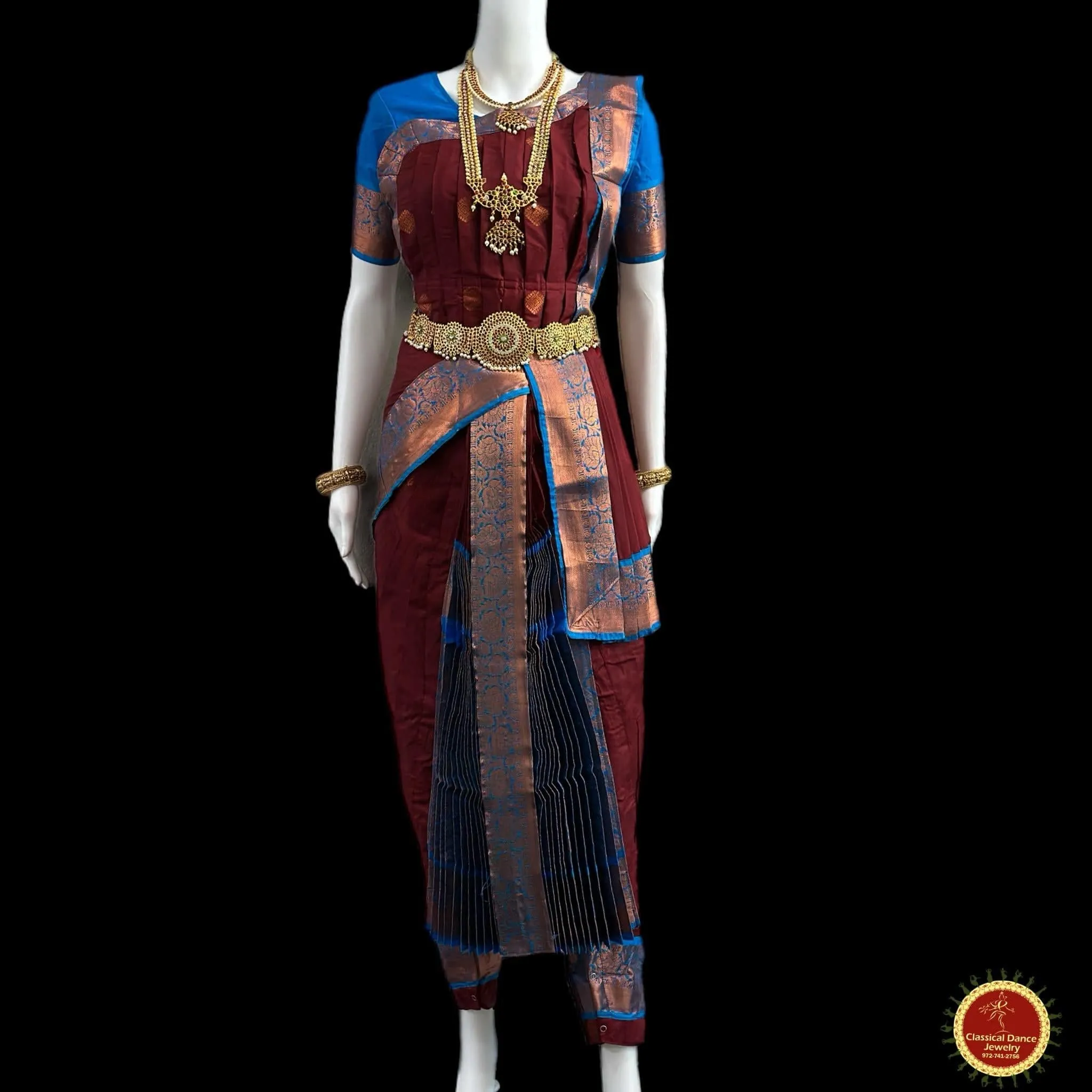BROWN BLUE 38 Inch Pant length Kuchipudi Copper Zari Indian Dance Costume | Art Silk Dharmavaram Kanchi | Classical Dance Jewelry