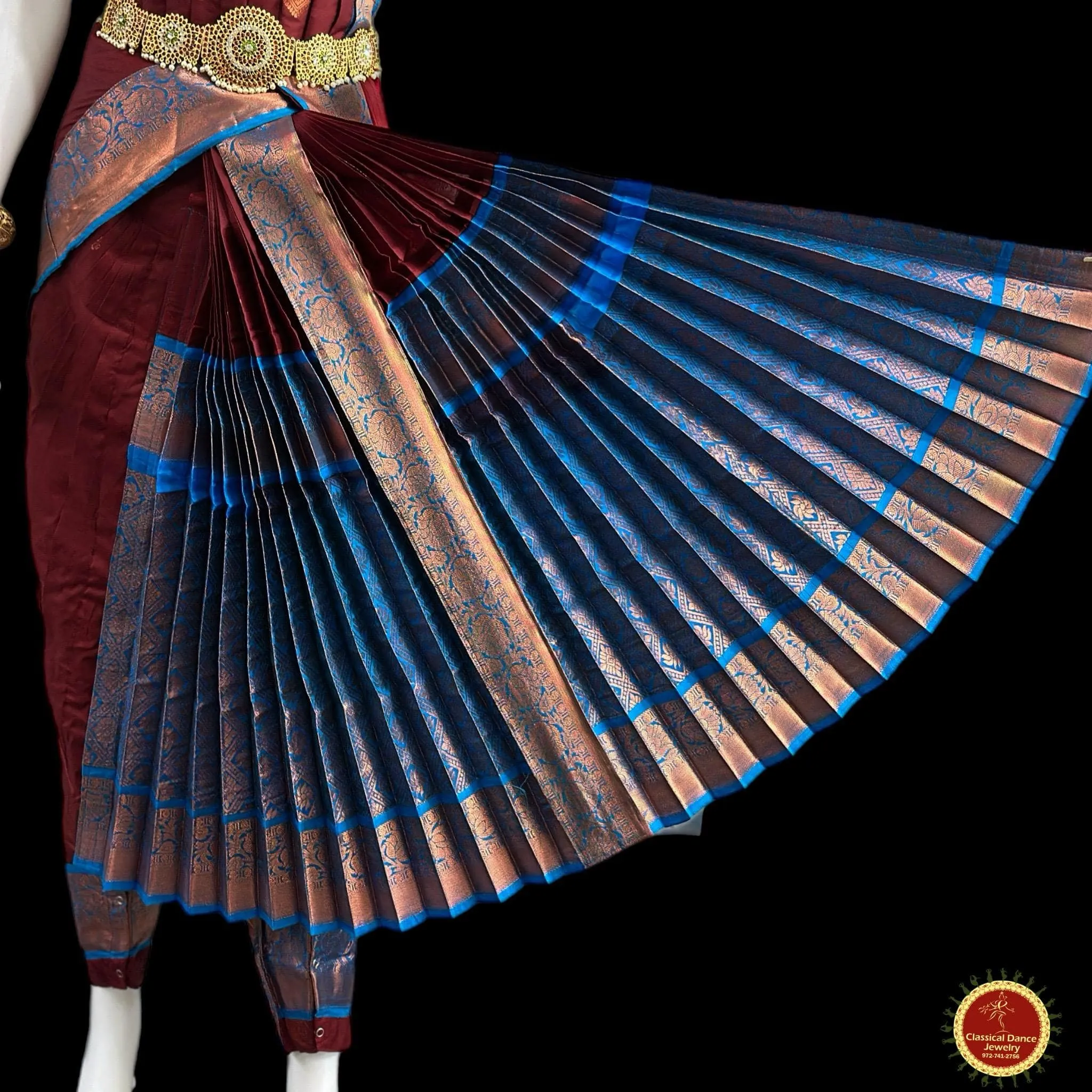 BROWN BLUE 38 Inch Pant length Kuchipudi Copper Zari Indian Dance Costume | Art Silk Dharmavaram Kanchi | Classical Dance Jewelry