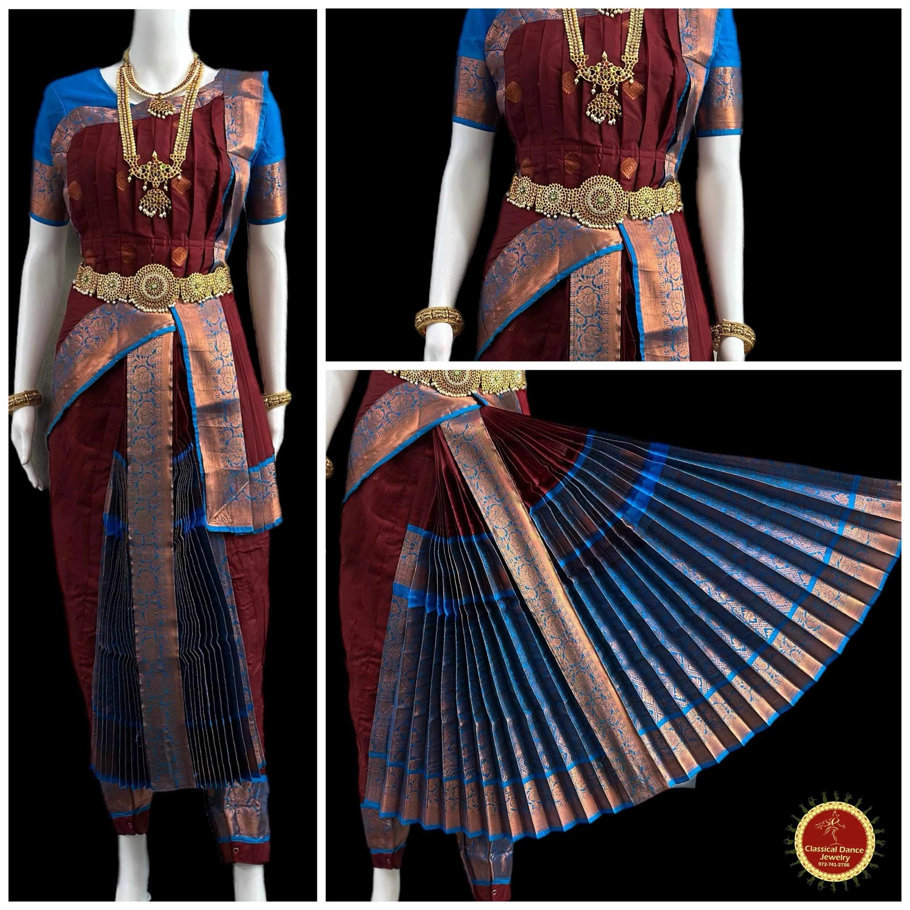 BROWN BLUE 38 Inch Pant length Kuchipudi Copper Zari Indian Dance Costume | Art Silk Dharmavaram Kanchi | Classical Dance Jewelry