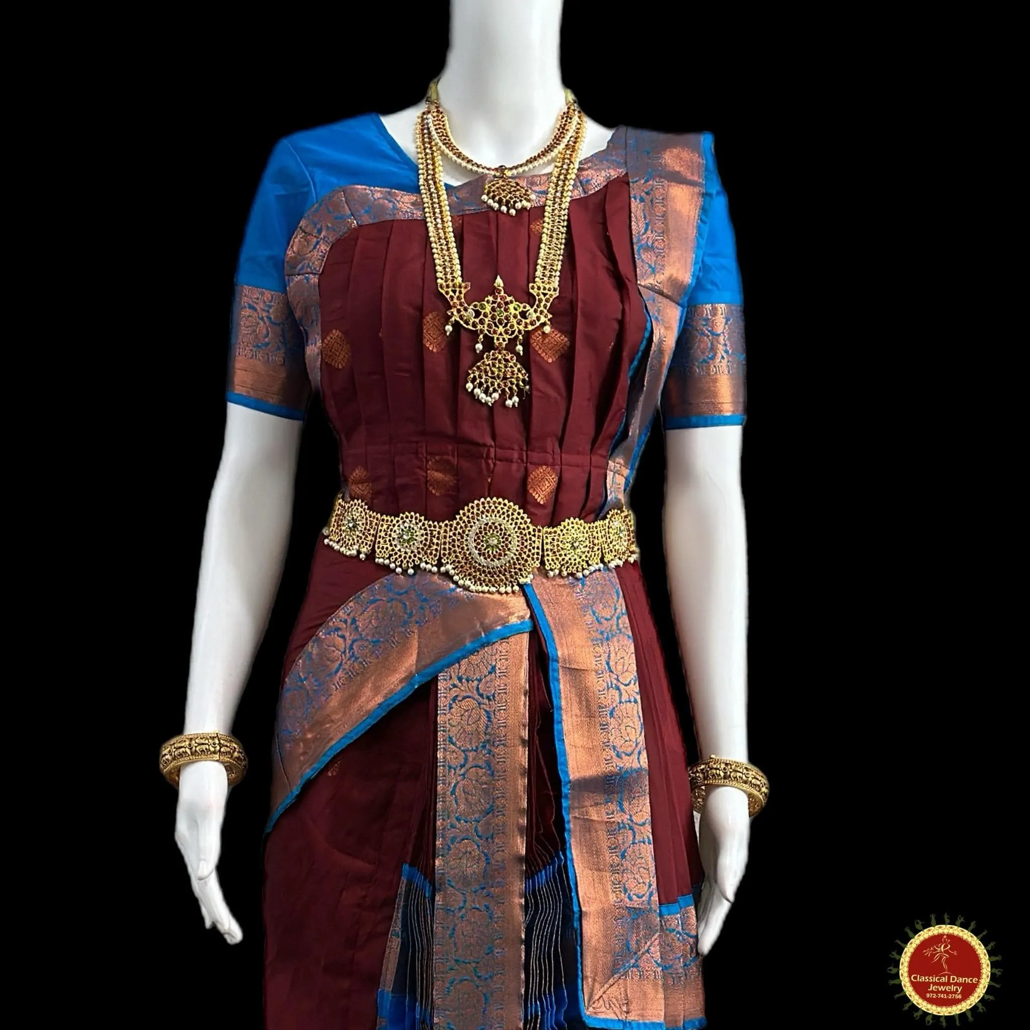 BROWN BLUE 38 Inch Pant length Kuchipudi Copper Zari Indian Dance Costume | Art Silk Dharmavaram Kanchi | Classical Dance Jewelry