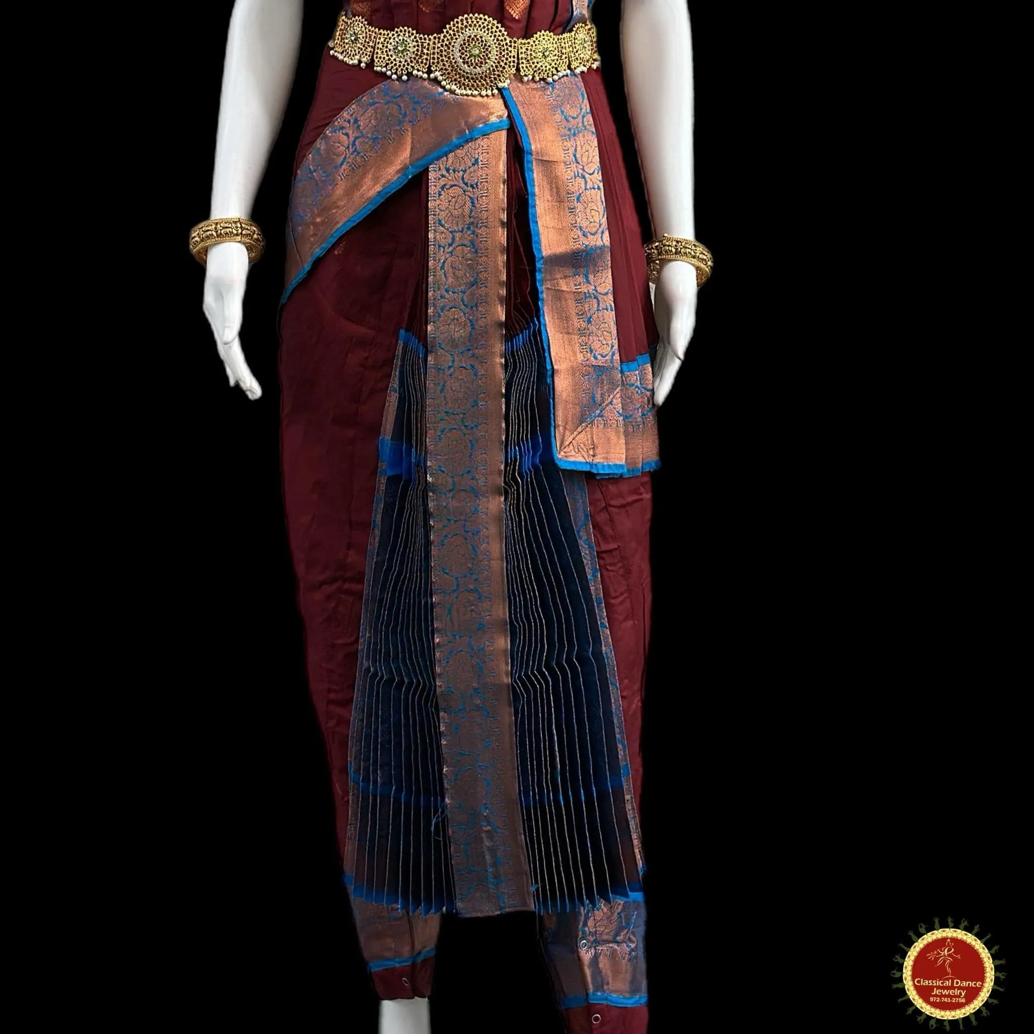 BROWN BLUE 38 Inch Pant length Kuchipudi Copper Zari Indian Dance Costume | Art Silk Dharmavaram Kanchi | Classical Dance Jewelry