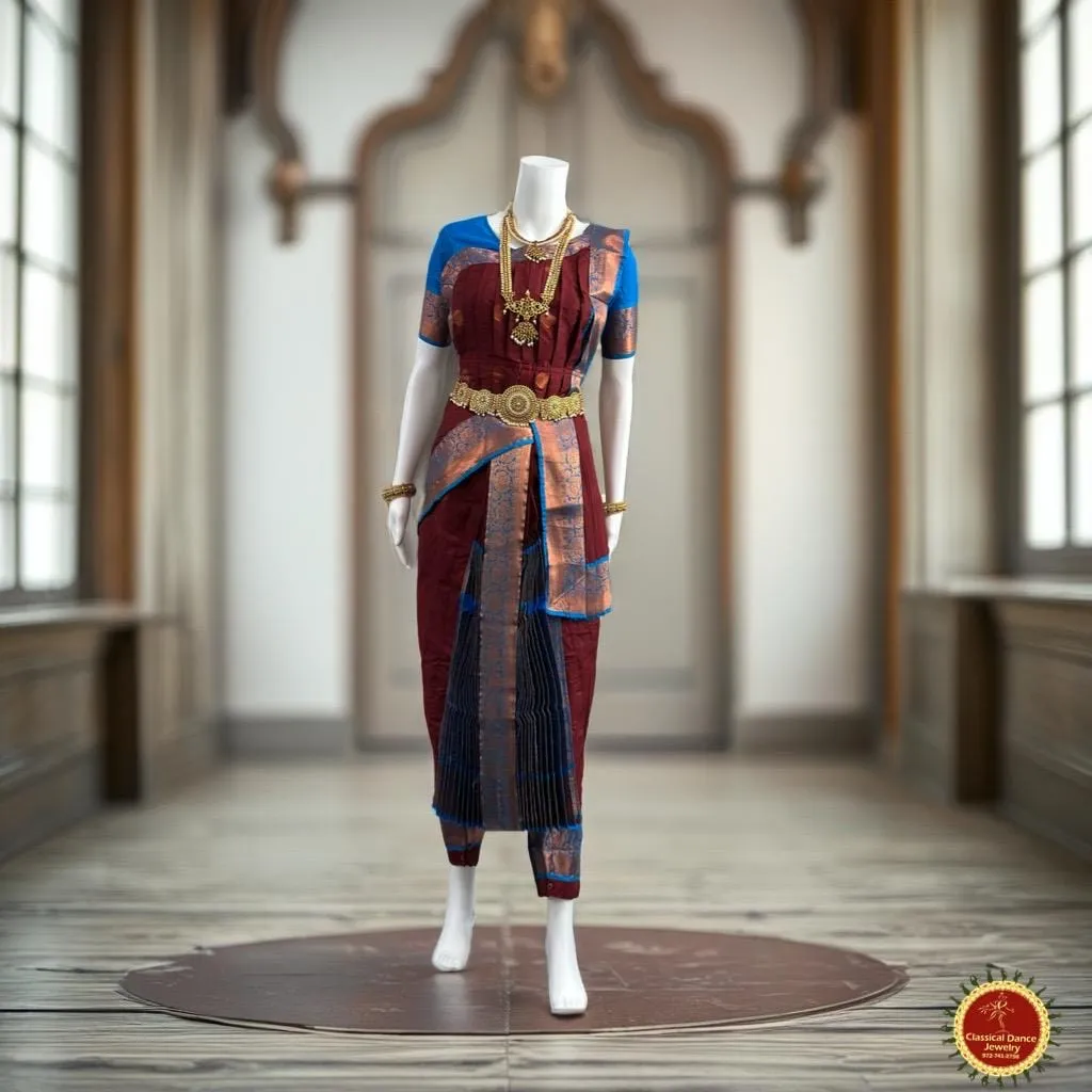 BROWN BLUE 38 Inch Pant length Kuchipudi Copper Zari Indian Dance Costume | Art Silk Dharmavaram Kanchi | Classical Dance Jewelry