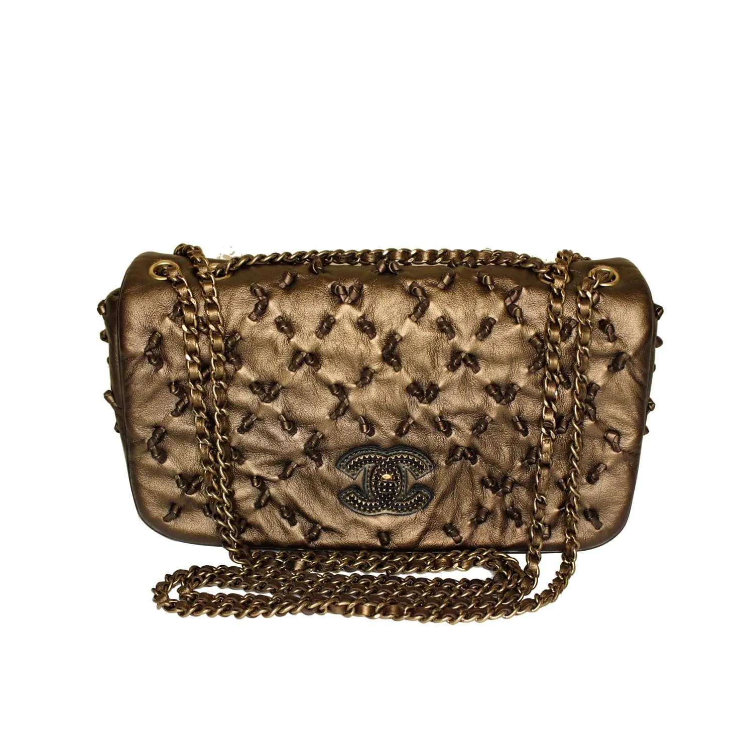 CHANEL Classic Flap Chic Knot Lambskin Leather Shoulder Bag Bronze