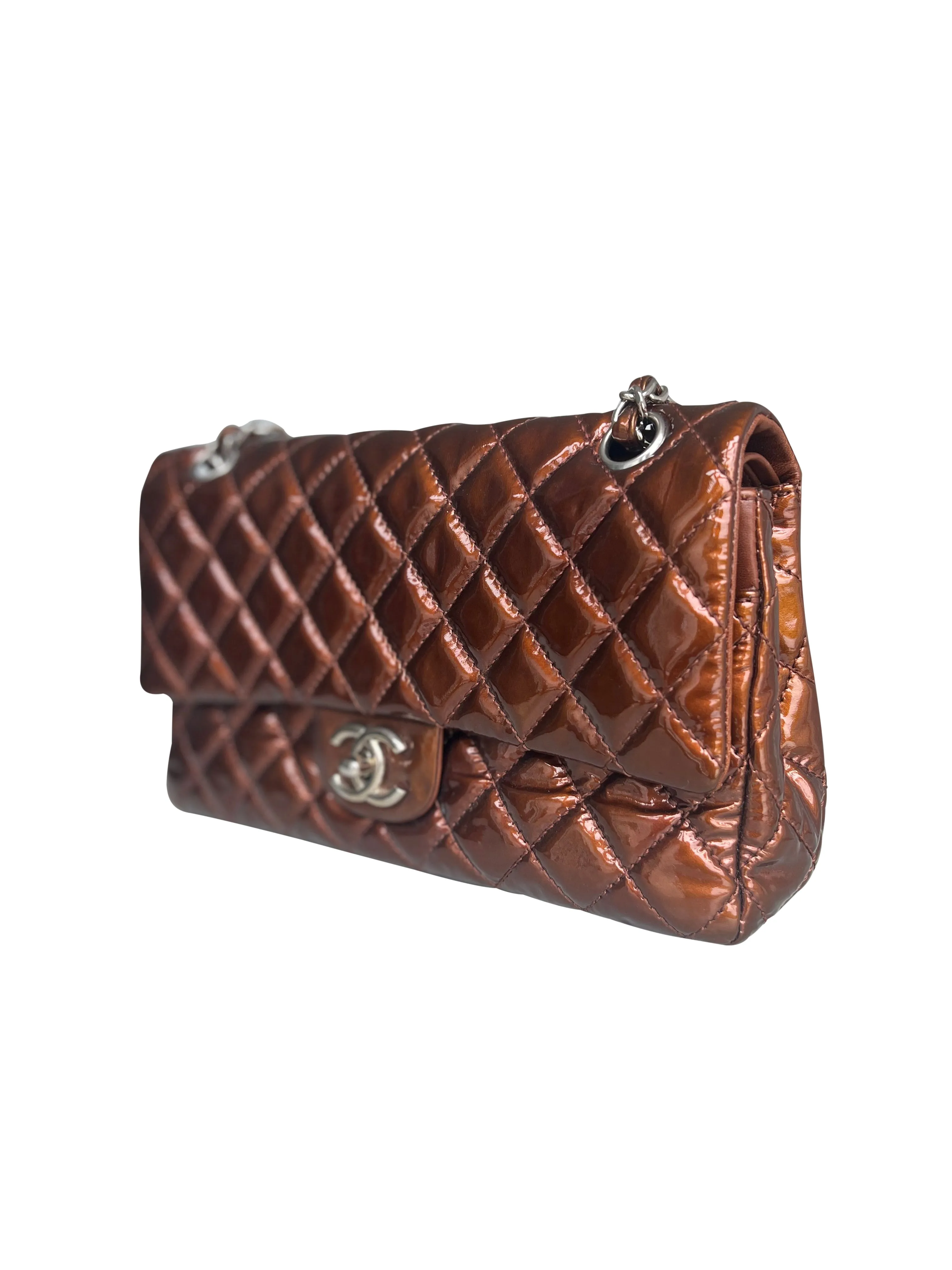Chanel Medium Double Flap Bag Metallic Patent Leather Bronze
