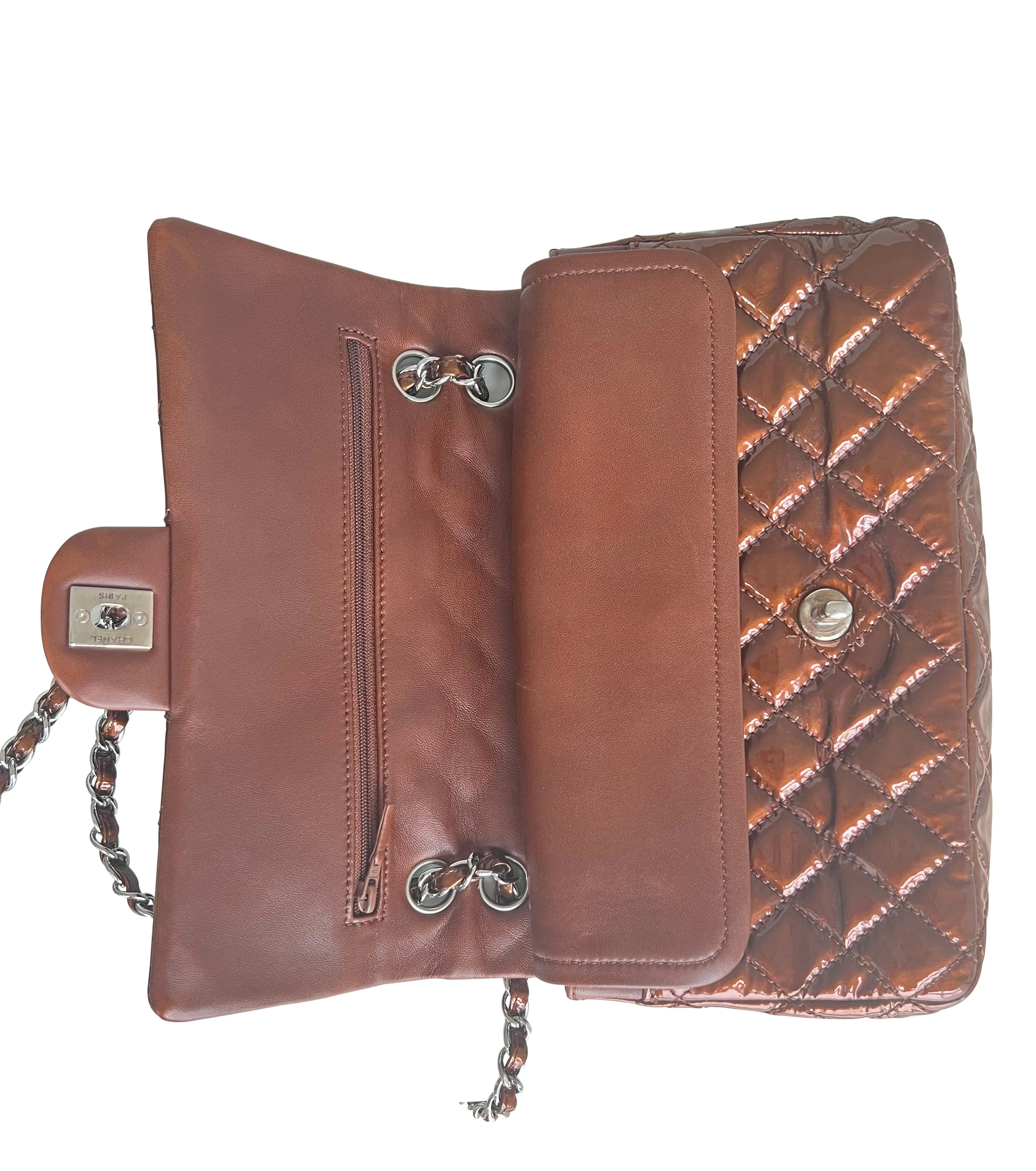 Chanel Medium Double Flap Bag Metallic Patent Leather Bronze