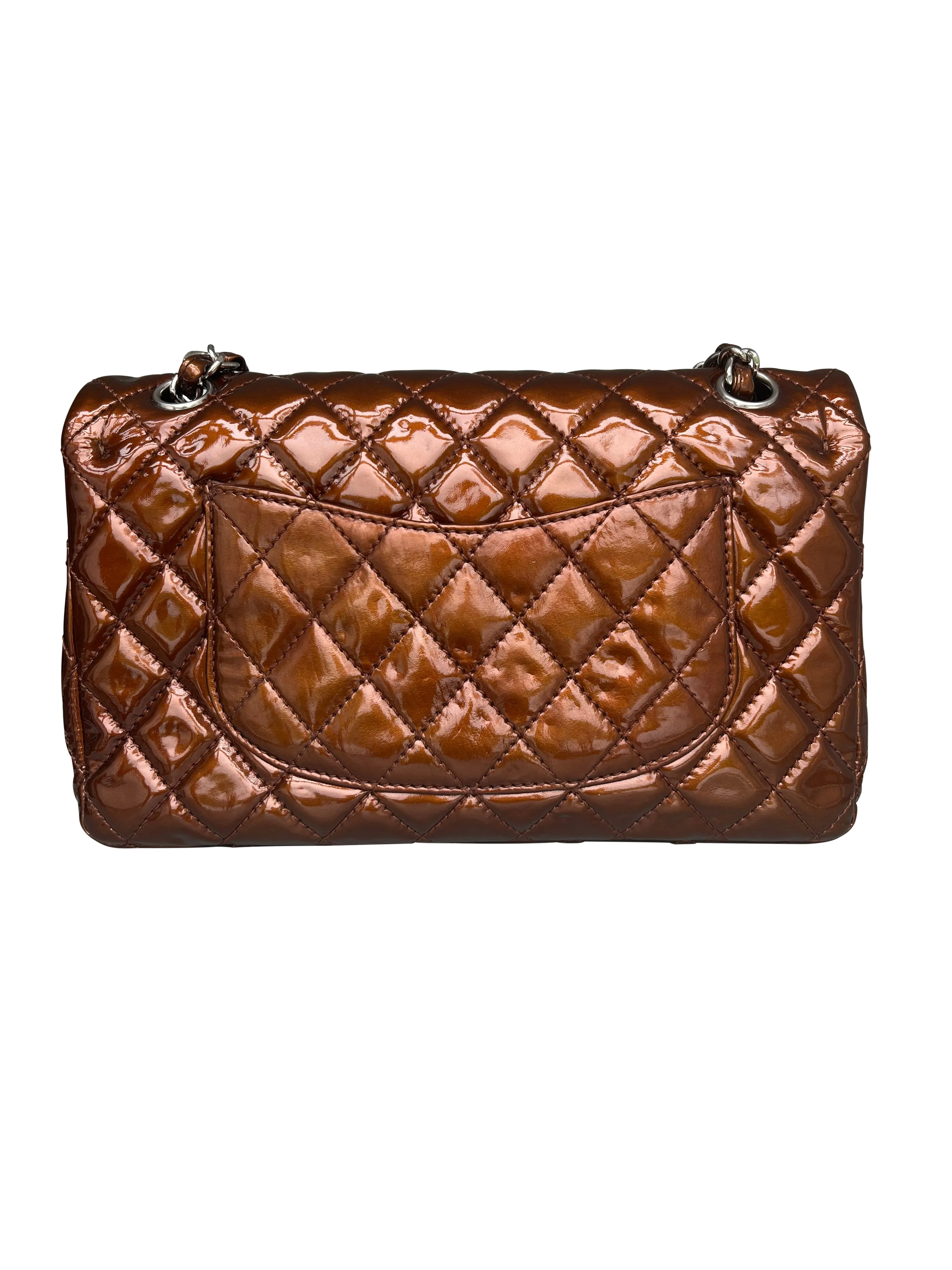 Chanel Medium Double Flap Bag Metallic Patent Leather Bronze