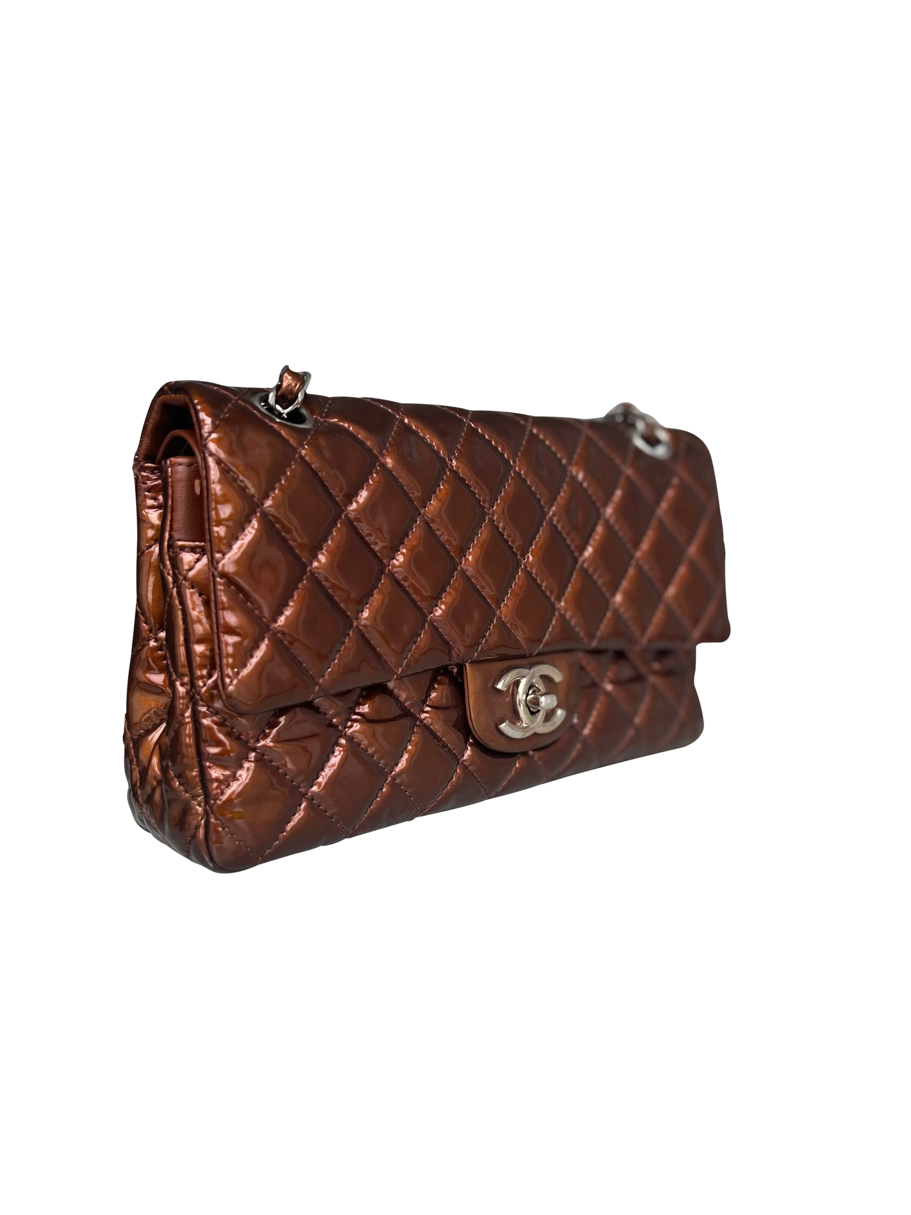 Chanel Medium Double Flap Bag Metallic Patent Leather Bronze