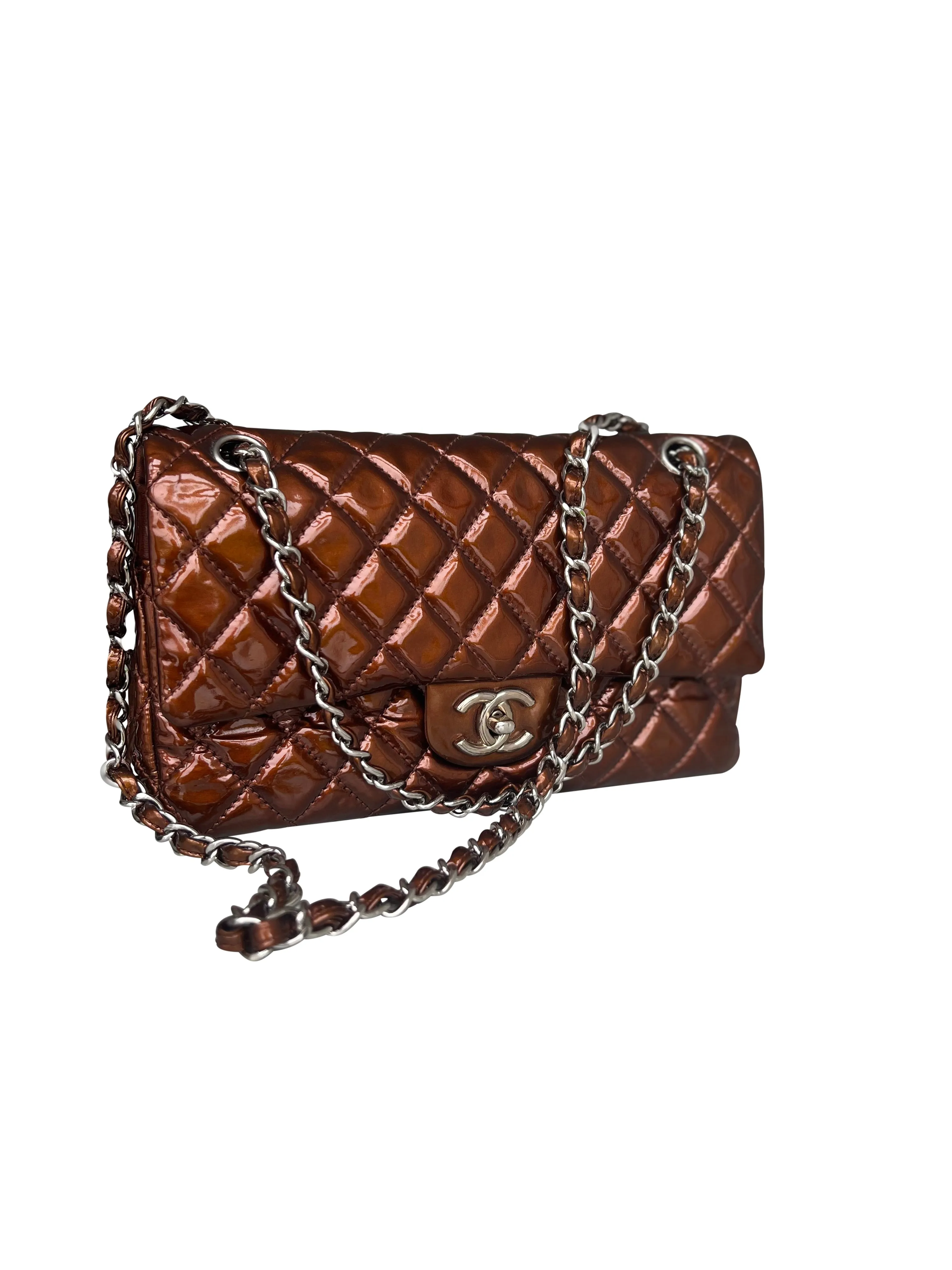 Chanel Medium Double Flap Bag Metallic Patent Leather Bronze
