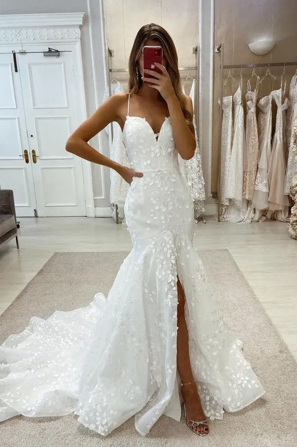 Charming Mermaid Sweetheart Tulle Wedding Dresses with Slit
