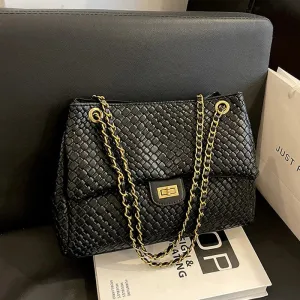 Chic Urban Weave: 2024 Women's Large Capacity Crossbody Bag with Minimalist Flair and Chain Detail