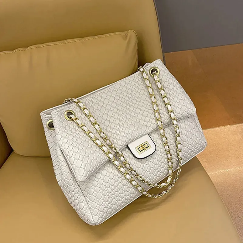 Chic Urban Weave: 2024 Women's Large Capacity Crossbody Bag with Minimalist Flair and Chain Detail