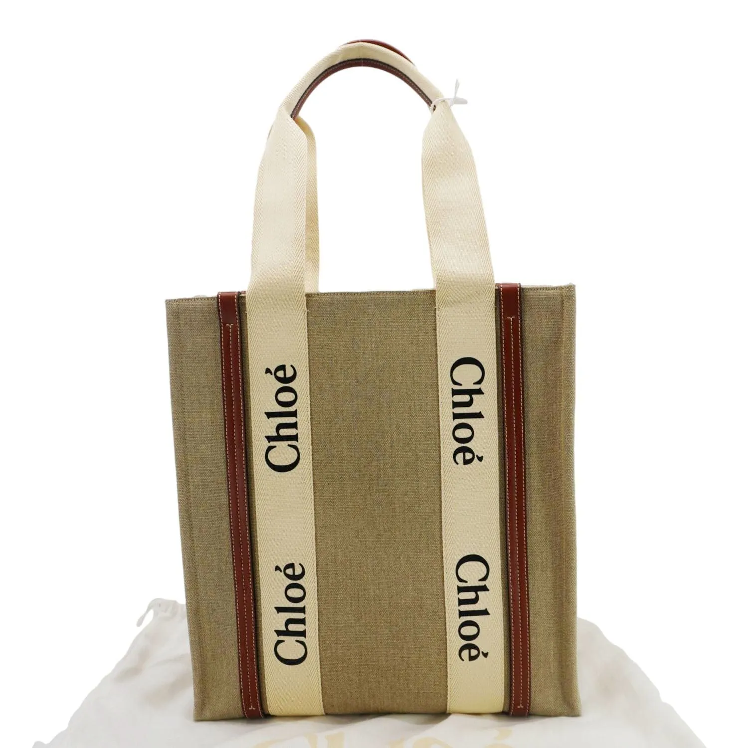 CHLOE Woody Striped Canvas Tote Bag Beige