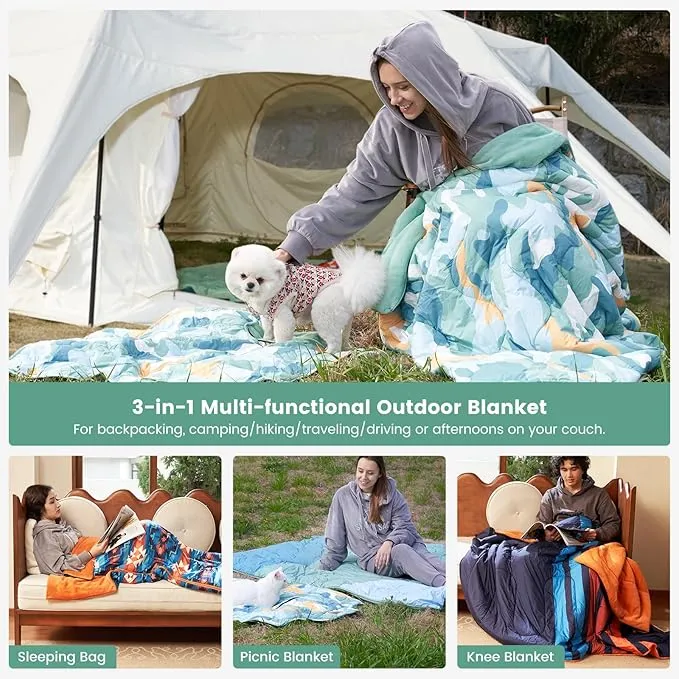 Cozy Bliss Puffy Outdoor Camping Blanket, Sleeping Bag, Picnic Mat-3 in 1 Multi Use, Warm Down Alternative Filled, Lightweight Packable for Hiking Travel Stadium Concerts, Gift for Children 63"x78"