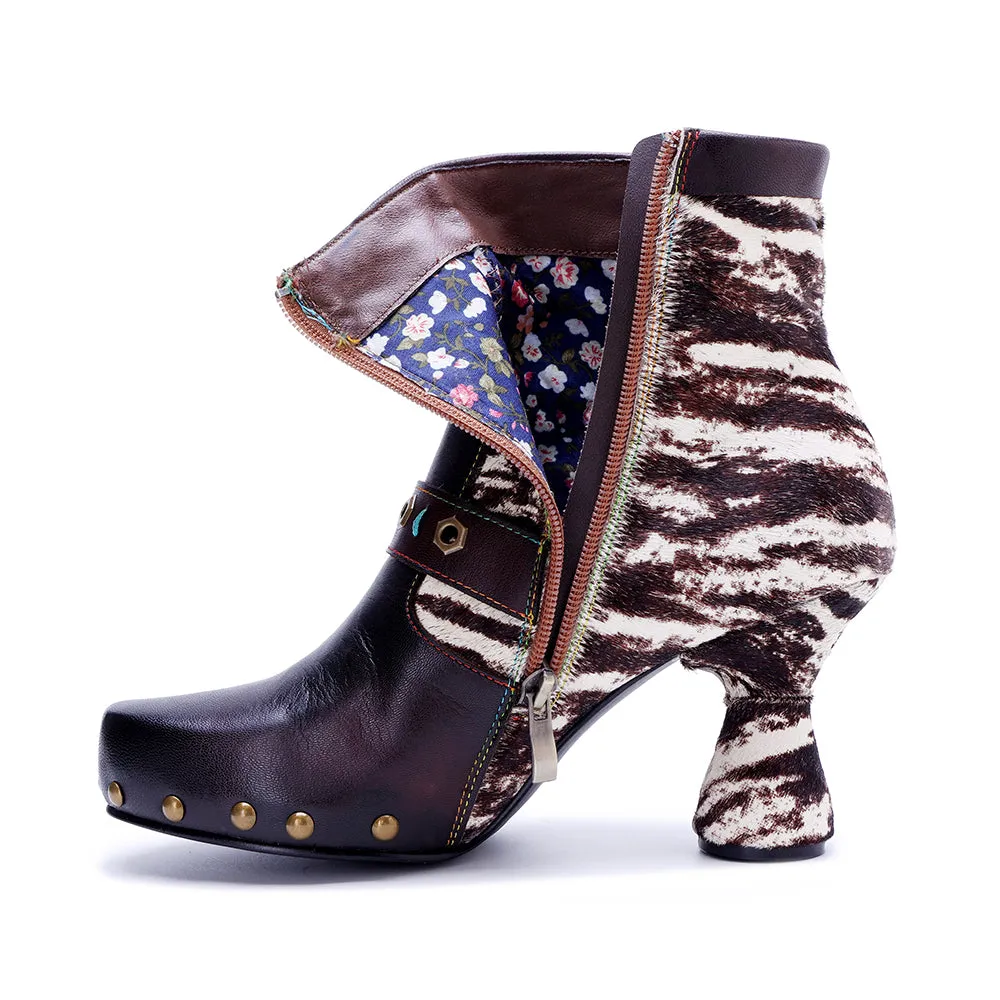 CrazycatZ Womens  Boots Bohemian Block Heel Leather Ankle Boots Colorful Leather Heeled Ankle Boots Black