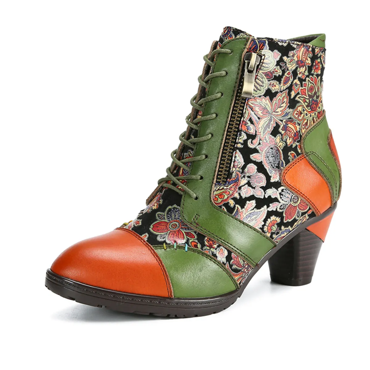 CrazycatZ Womens Leather Ankle Boots Bohemian Block Heel Colorful Floral Leather Boots Green