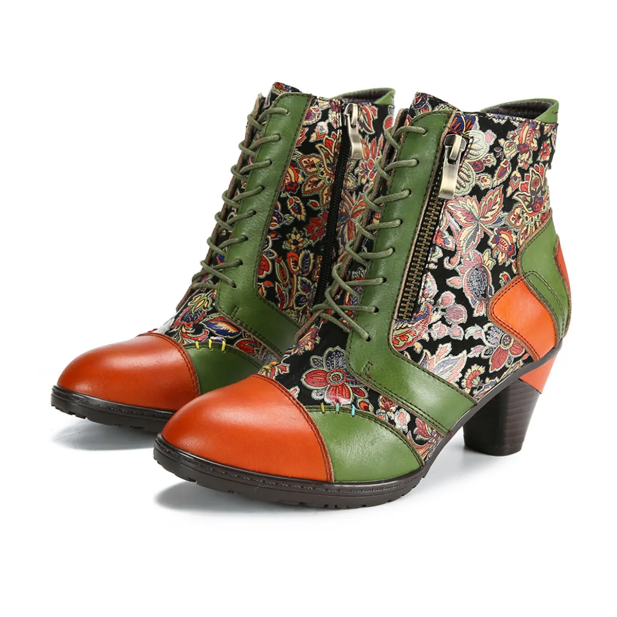 CrazycatZ Womens Leather Ankle Boots Bohemian Block Heel Colorful Floral Leather Boots Green