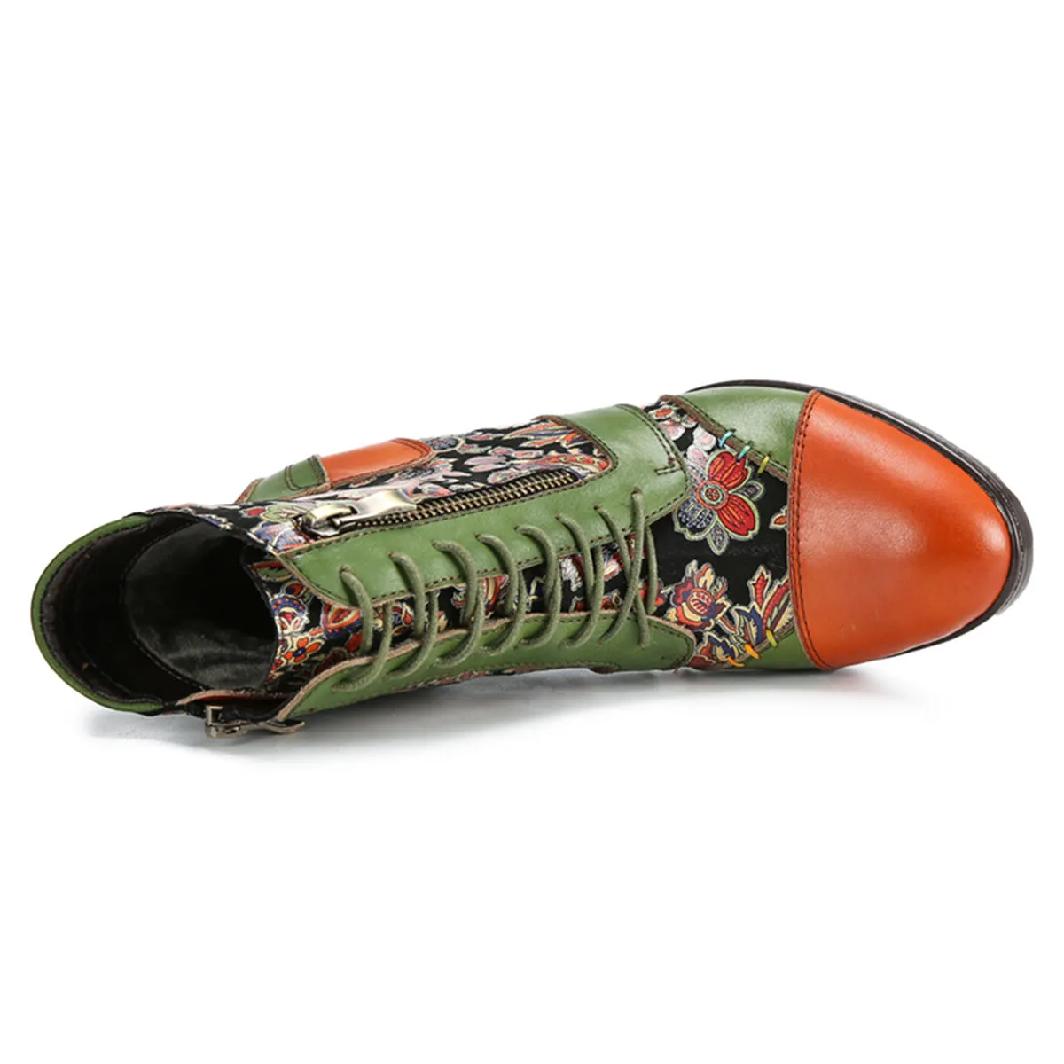 CrazycatZ Womens Leather Ankle Boots Bohemian Block Heel Colorful Floral Leather Boots Green