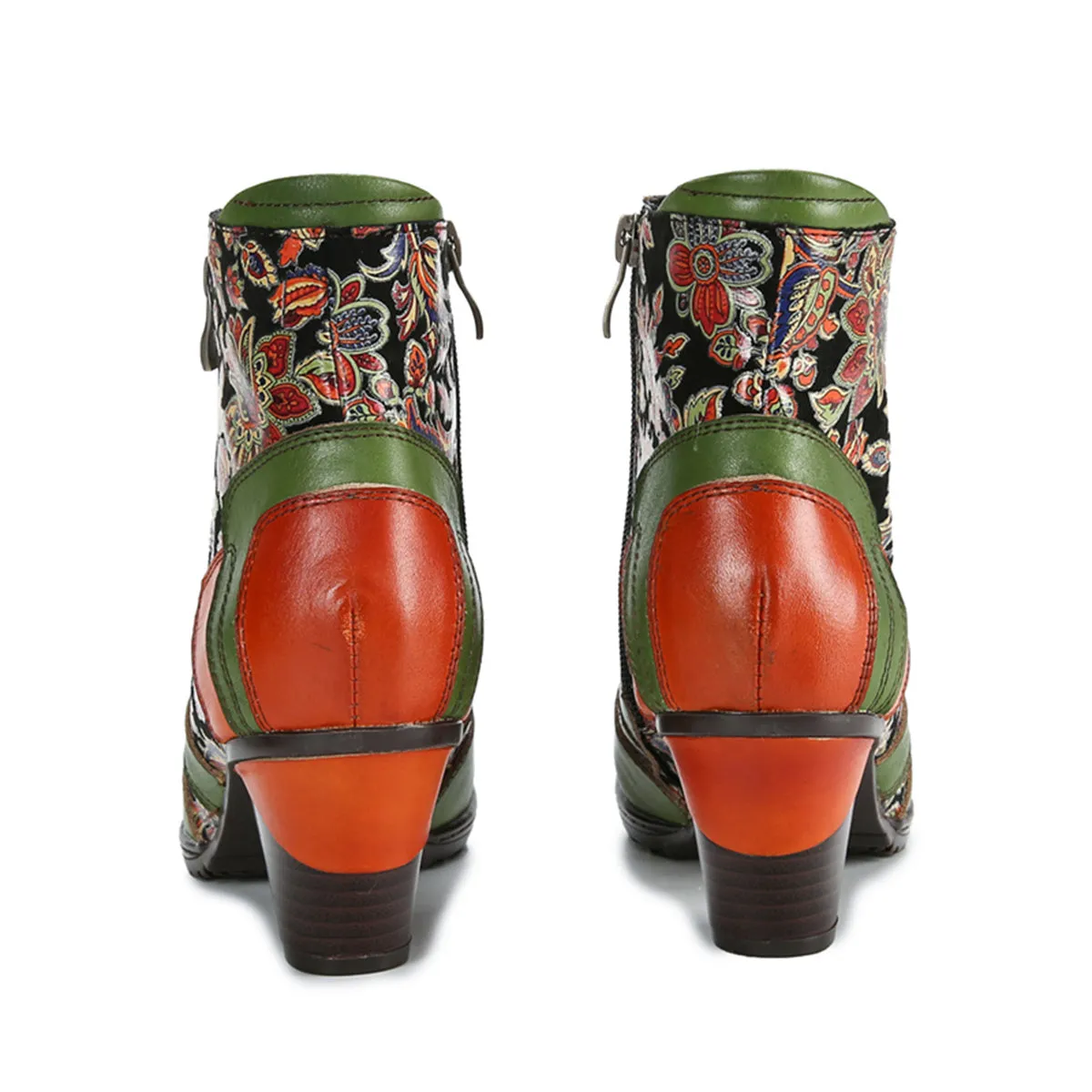 CrazycatZ Womens Leather Ankle Boots Bohemian Block Heel Colorful Floral Leather Boots Green
