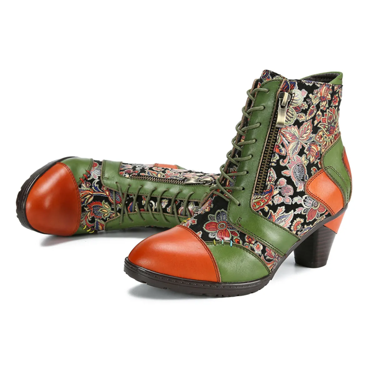 CrazycatZ Womens Leather Ankle Boots Bohemian Block Heel Colorful Floral Leather Boots Green