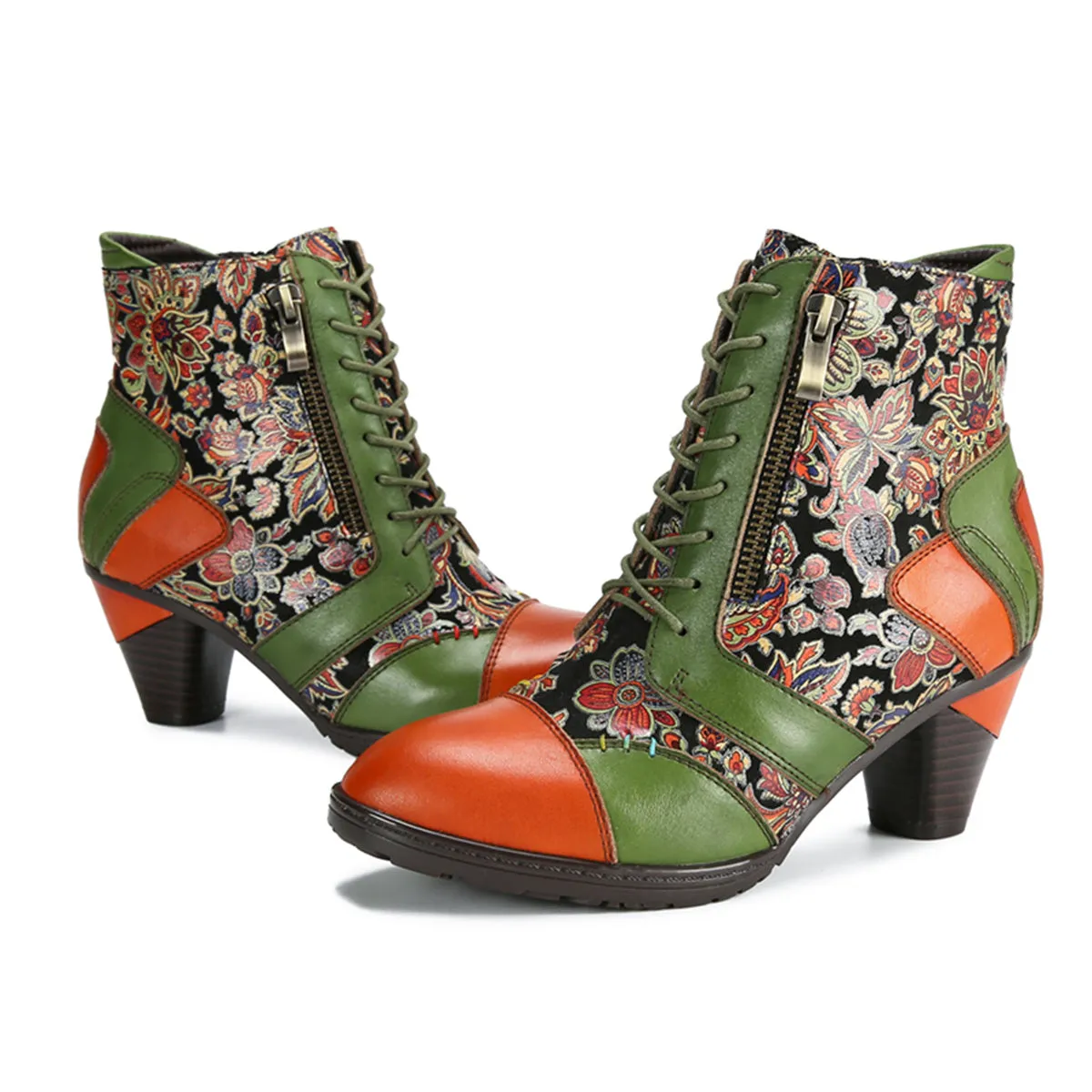 CrazycatZ Womens Leather Ankle Boots Bohemian Block Heel Colorful Floral Leather Boots Green