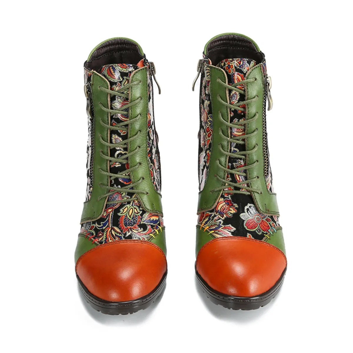 CrazycatZ Womens Leather Ankle Boots Bohemian Block Heel Colorful Floral Leather Boots Green