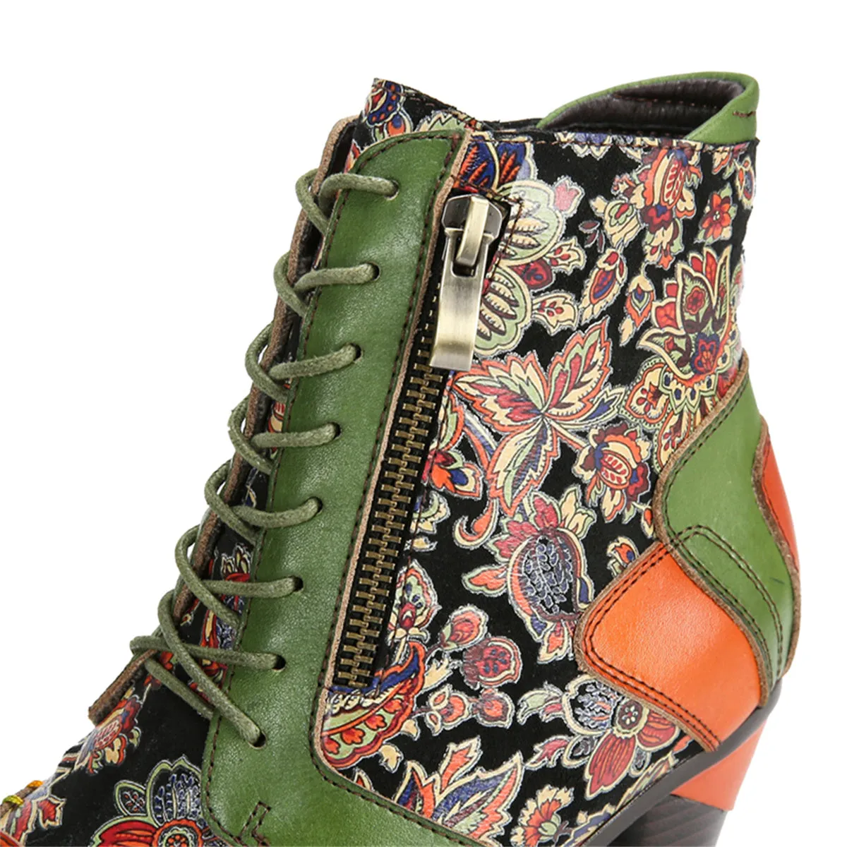 CrazycatZ Womens Leather Ankle Boots Bohemian Block Heel Colorful Floral Leather Boots Green