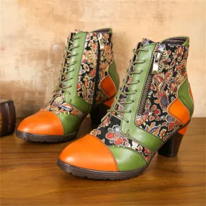 CrazycatZ Womens Leather Ankle Boots Bohemian Block Heel Colorful Floral Leather Boots Green