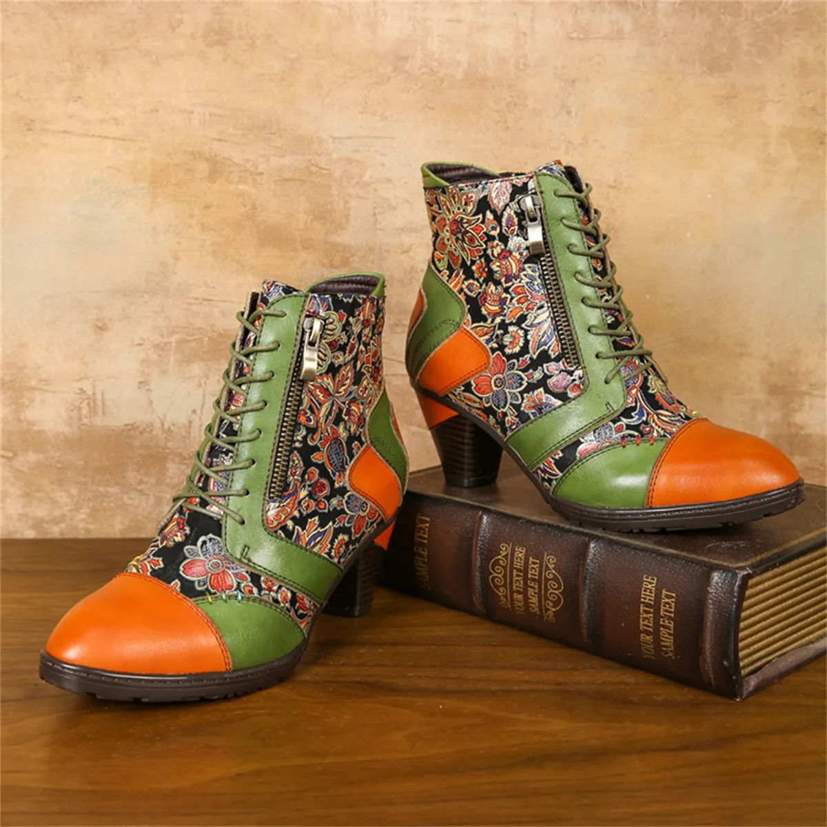 CrazycatZ Womens Leather Ankle Boots Bohemian Block Heel Colorful Floral Leather Boots Green