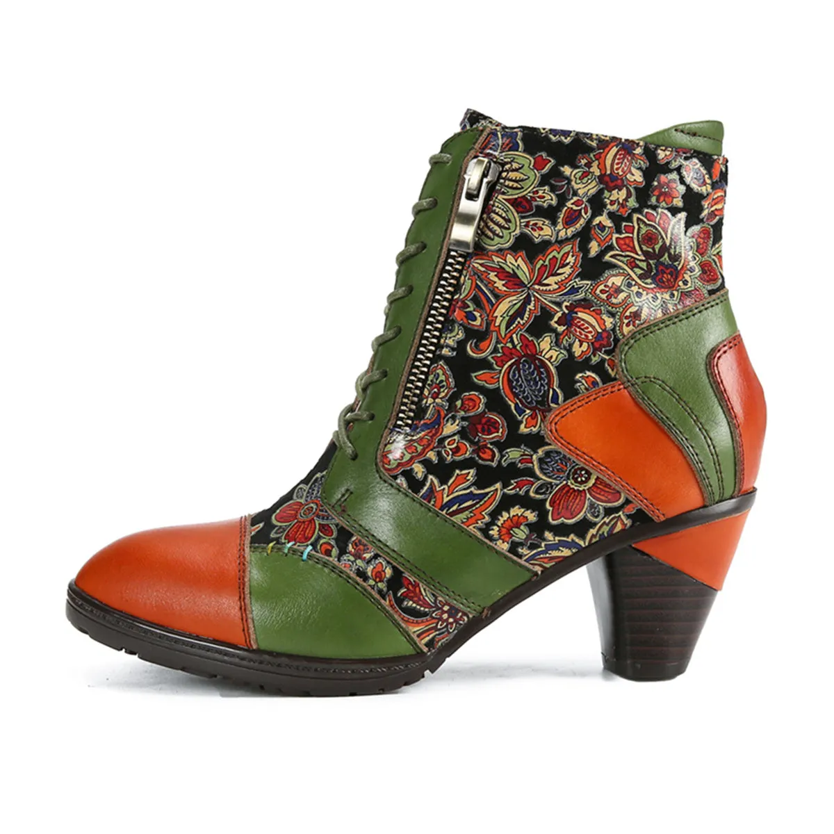 CrazycatZ Womens Leather Ankle Boots Bohemian Block Heel Colorful Floral Leather Boots Green