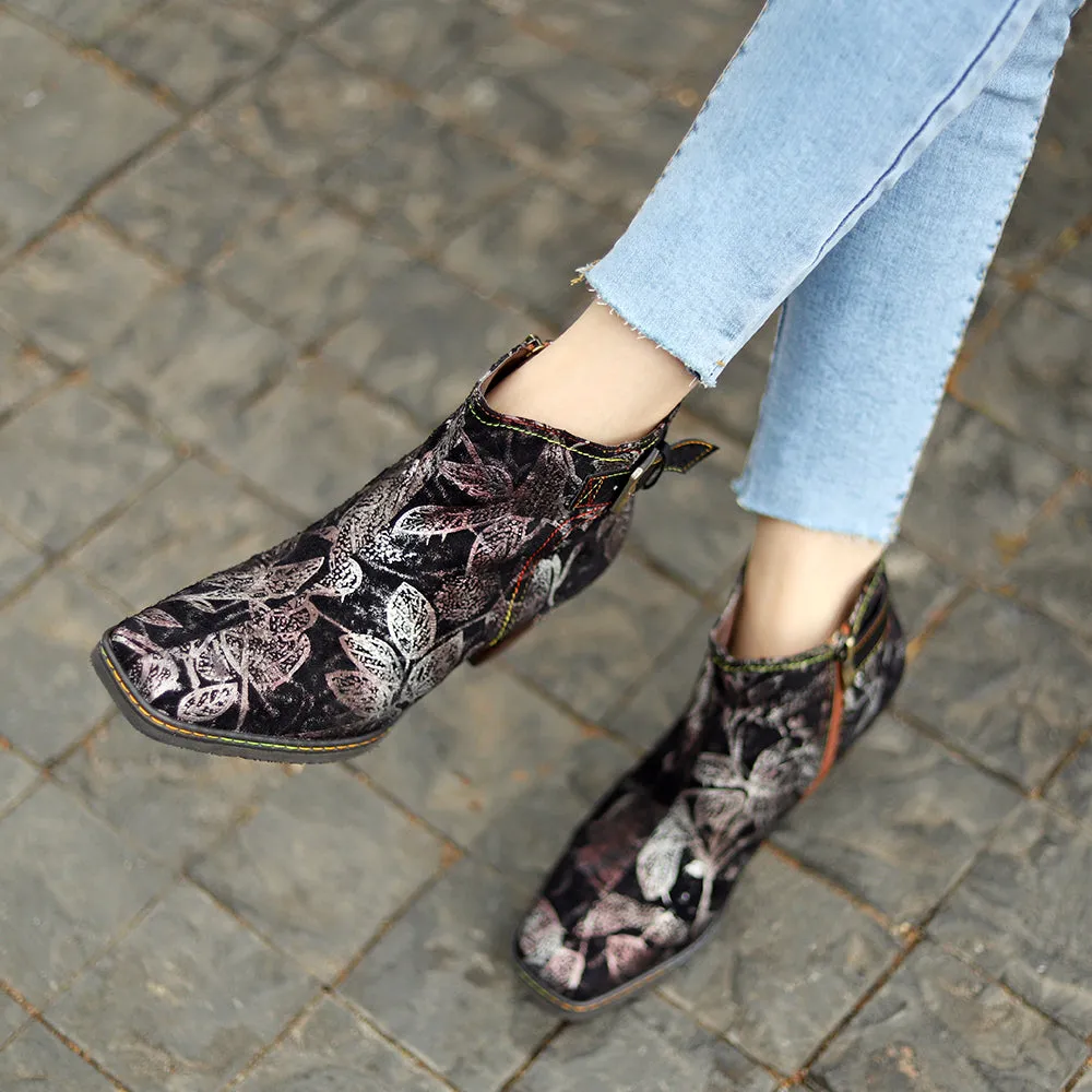 CrazycatZ Womens Leather Ankle Boots Bohemian Block Heel Colorful Patterned Leather Boots