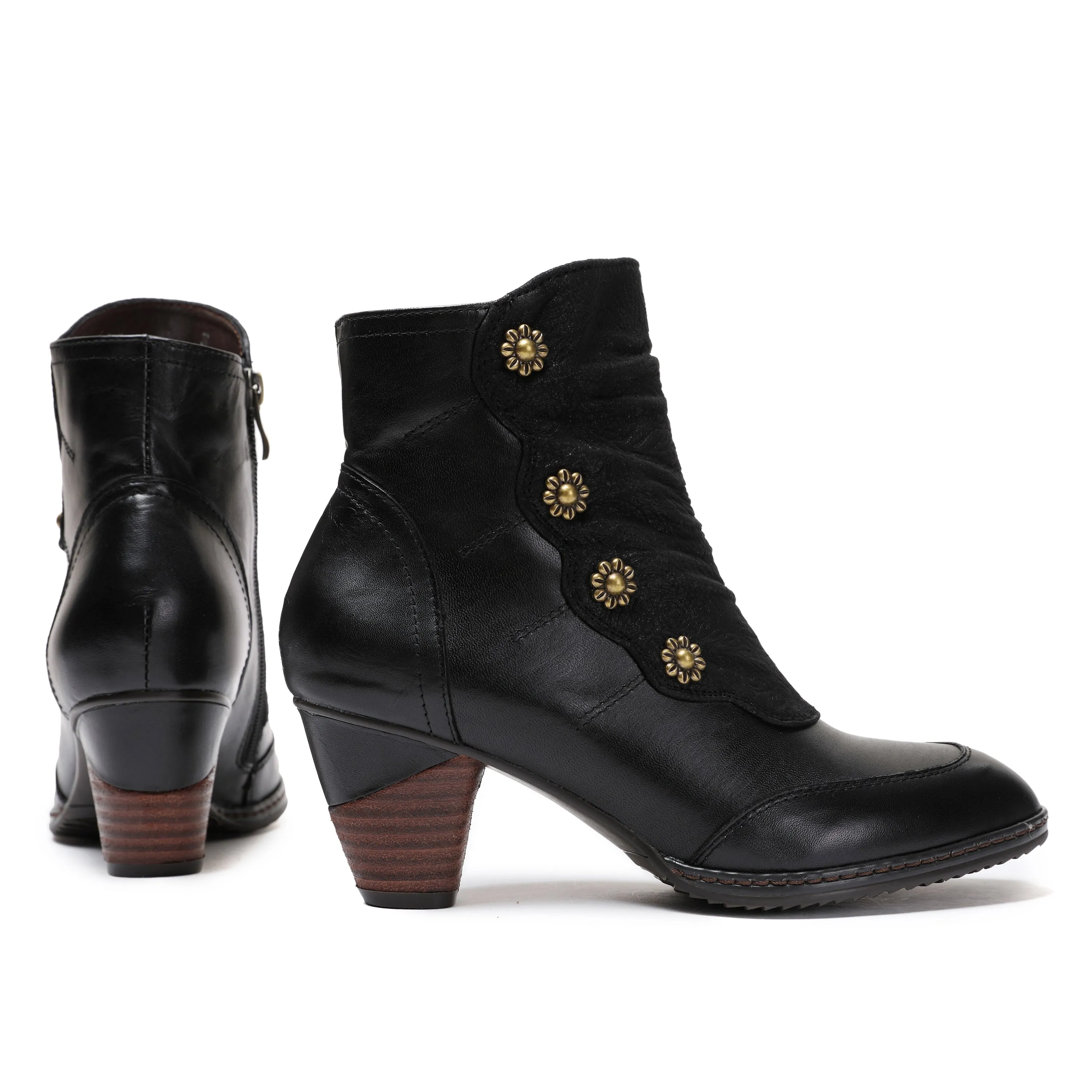 CrazycatZ Womens Leather Ankle Boots Colorful Leather Buttoned Vintage Bootie Black
