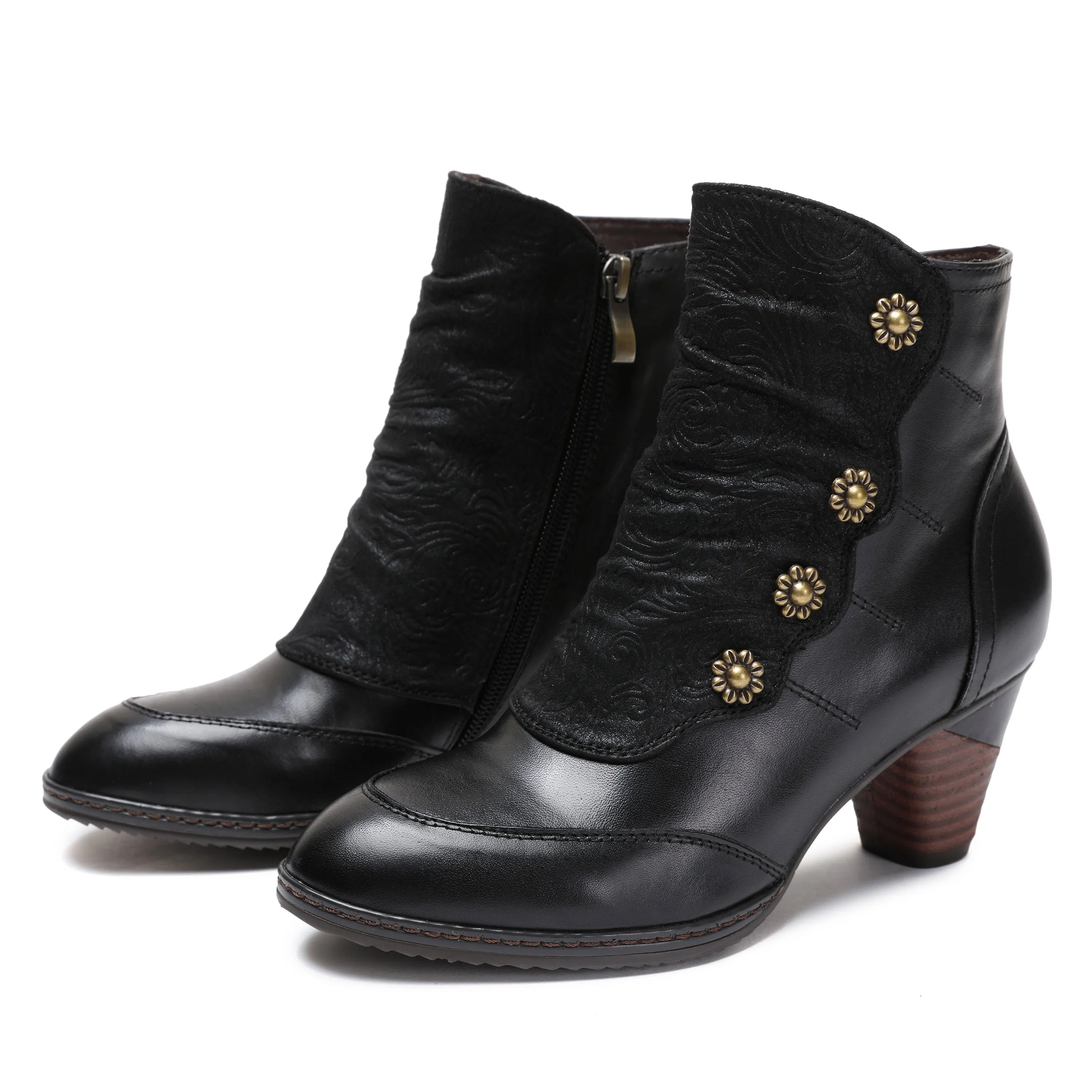 CrazycatZ Womens Leather Ankle Boots Colorful Leather Buttoned Vintage Bootie Black