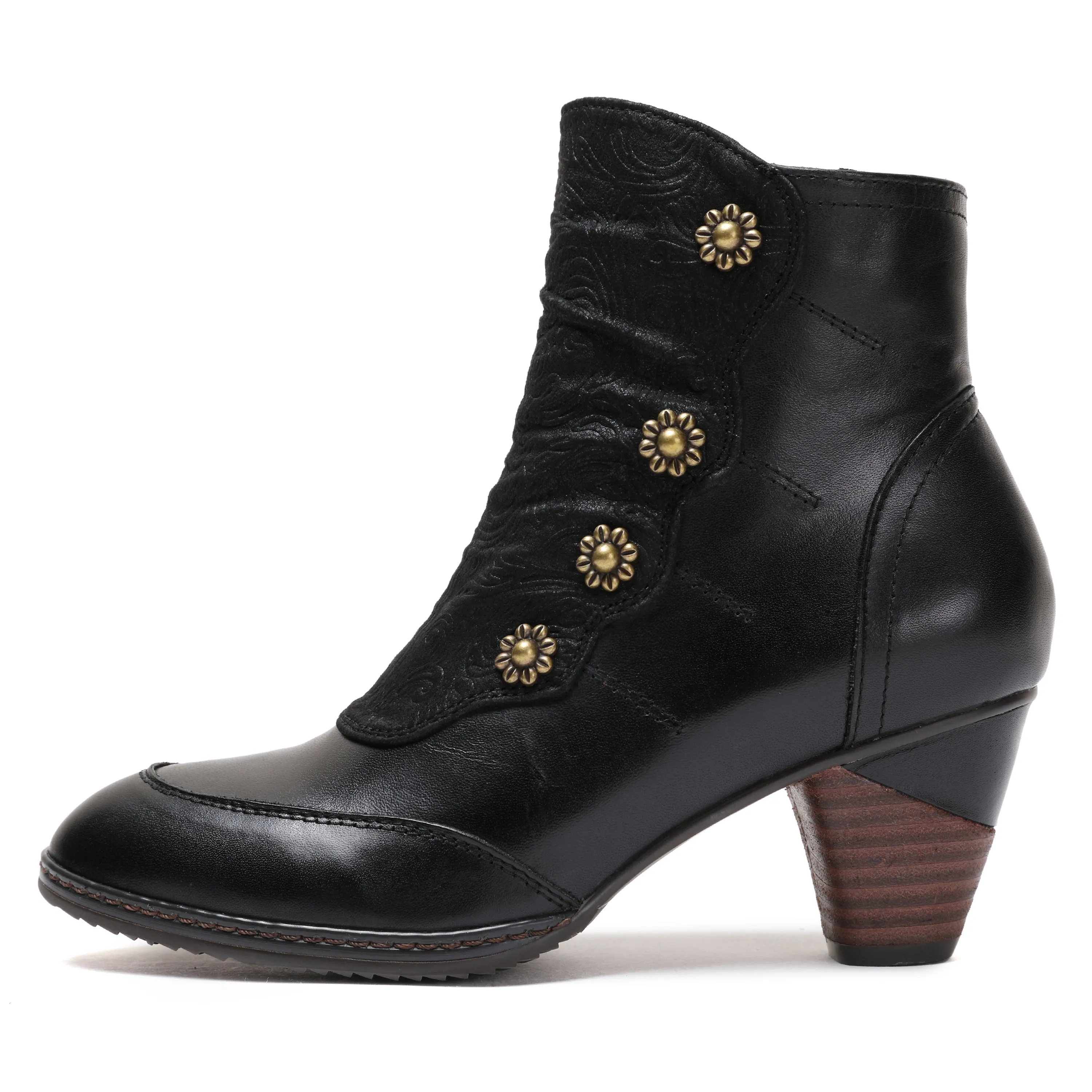 CrazycatZ Womens Leather Ankle Boots Colorful Leather Buttoned Vintage Bootie Black