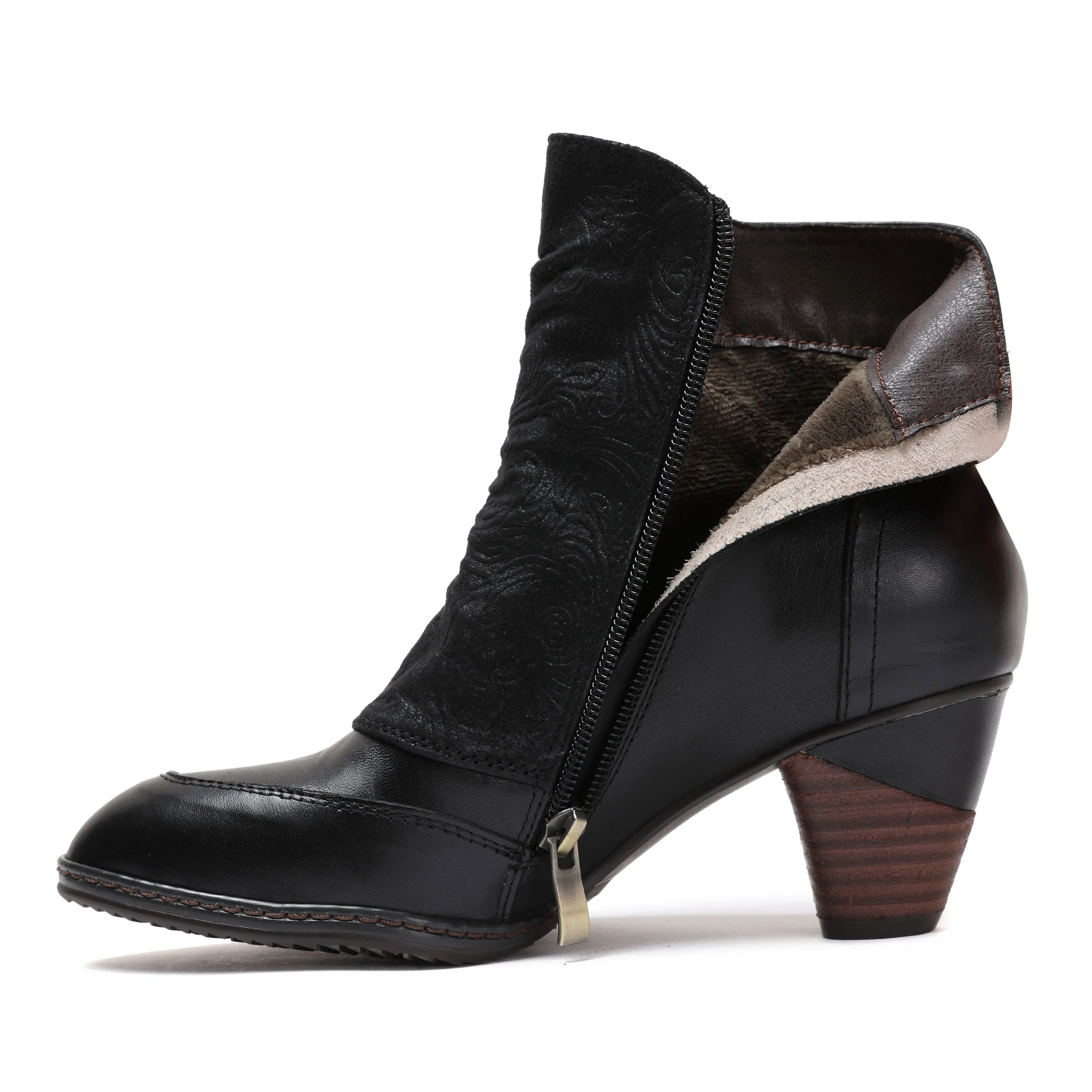 CrazycatZ Womens Leather Ankle Boots Colorful Leather Buttoned Vintage Bootie Black