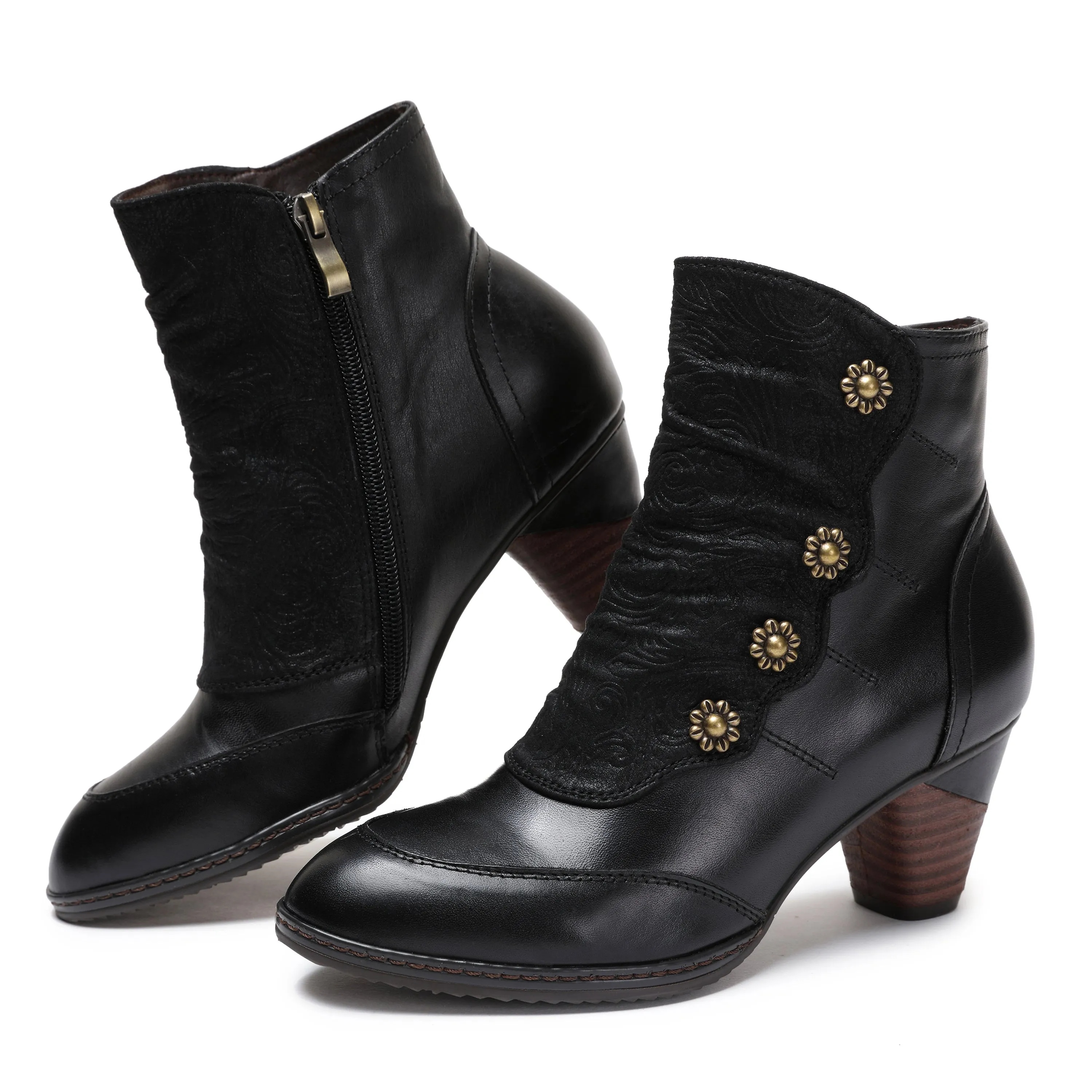 CrazycatZ Womens Leather Ankle Boots Colorful Leather Buttoned Vintage Bootie Black